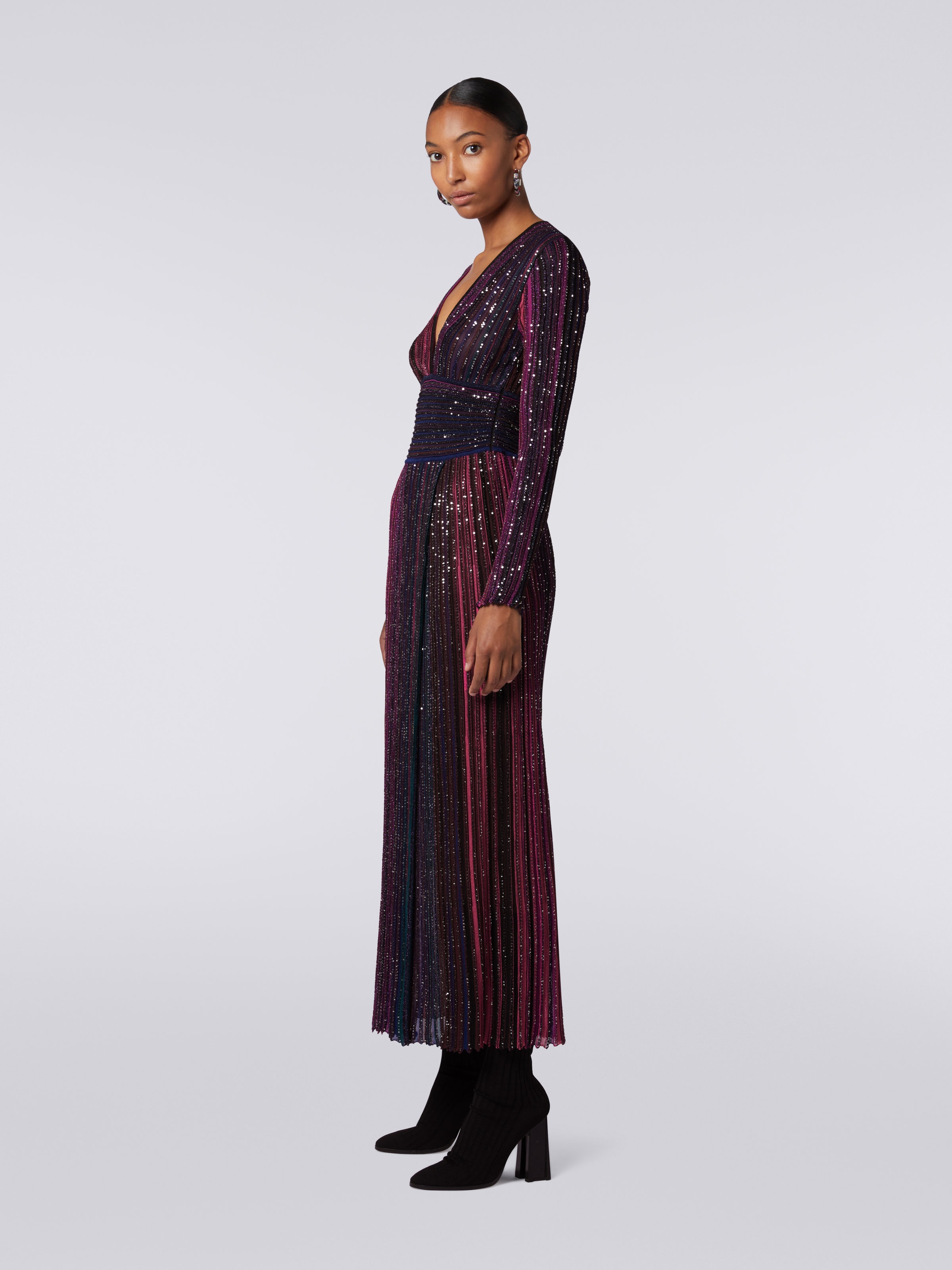 Long viscose dress with sequins and V neckline, Multicoloured  - 2