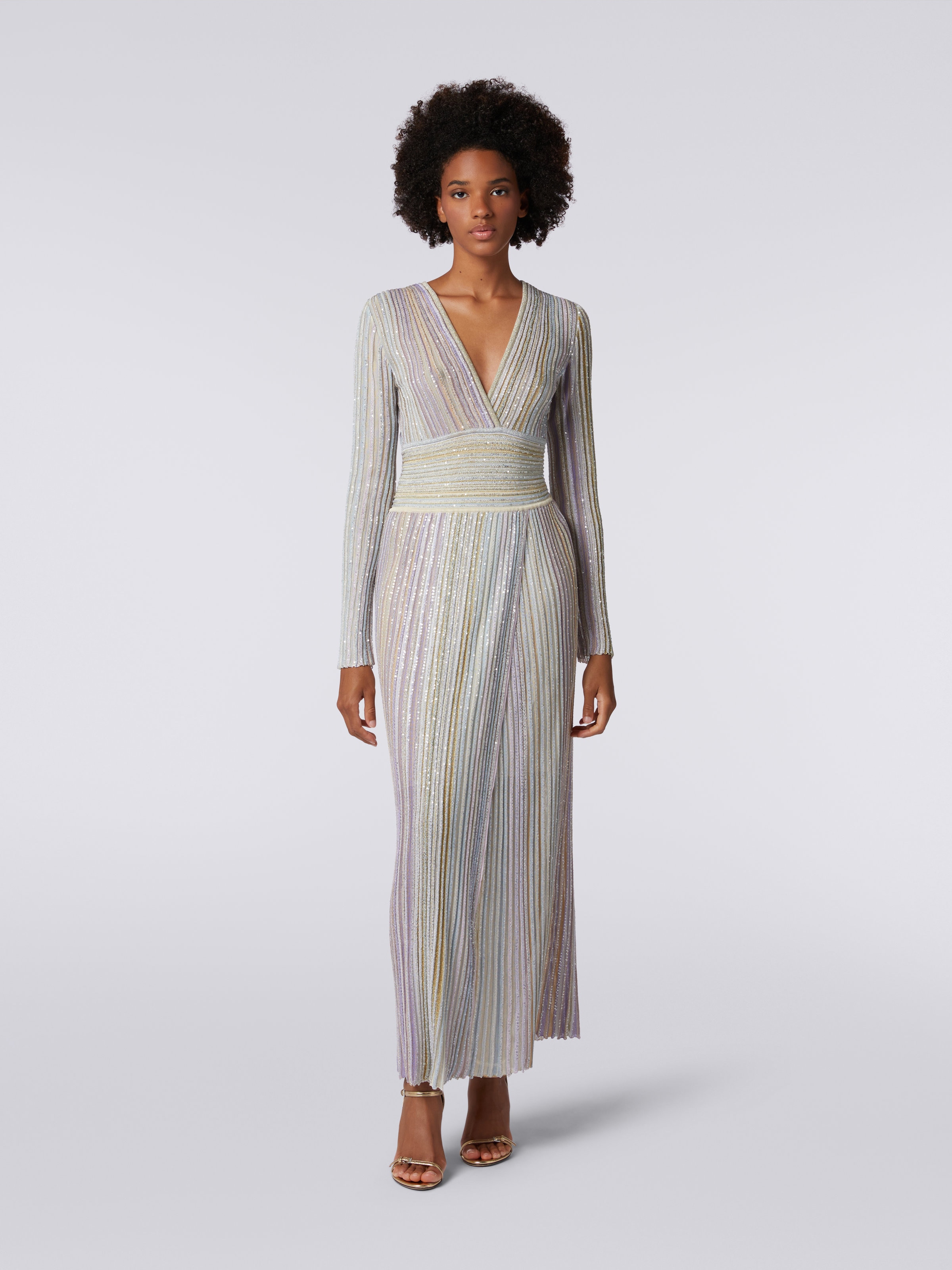 Long viscose dress with sequins and V neckline, Multicoloured  - 1