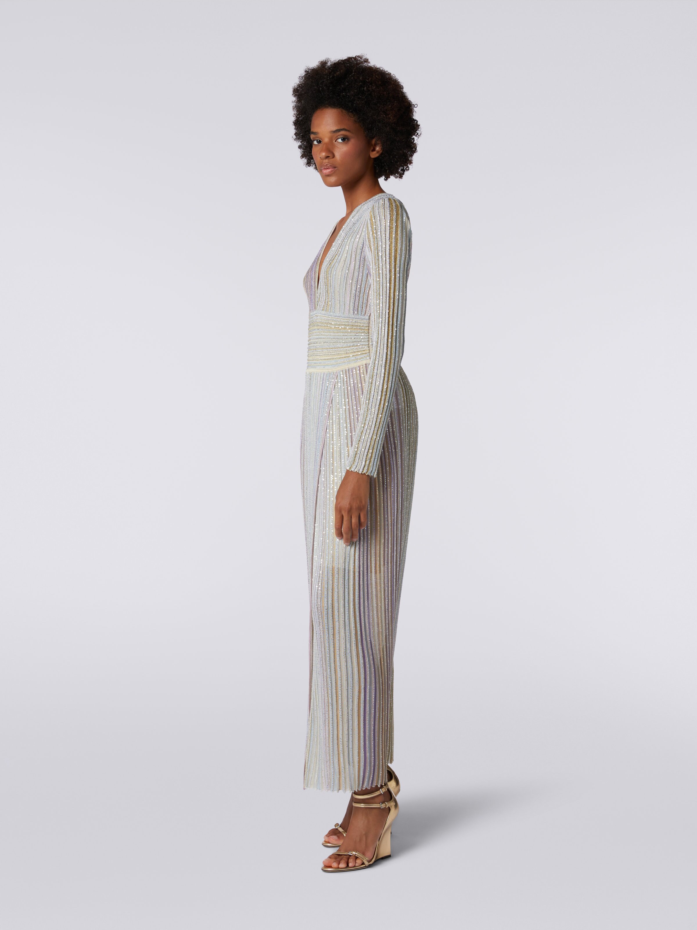 Long viscose dress with sequins and V neckline, Multicoloured  - 2