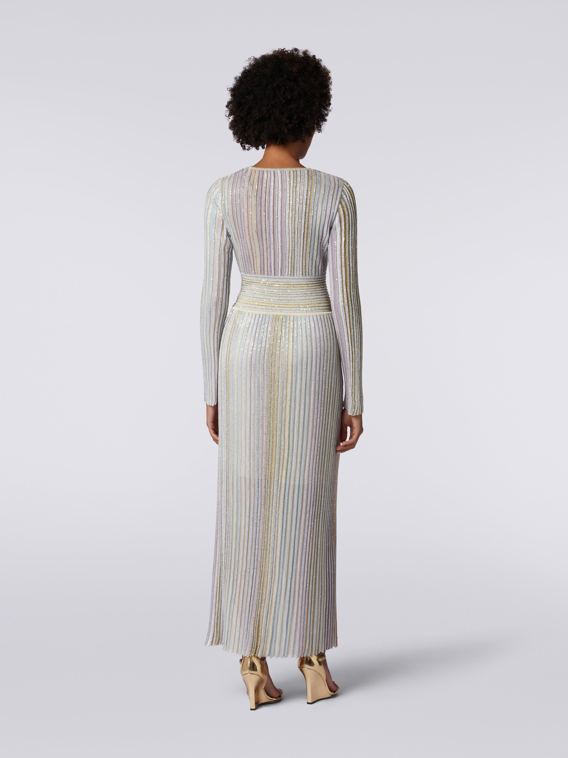 Long viscose dress with sequins and V neckline, Multicoloured  - 3