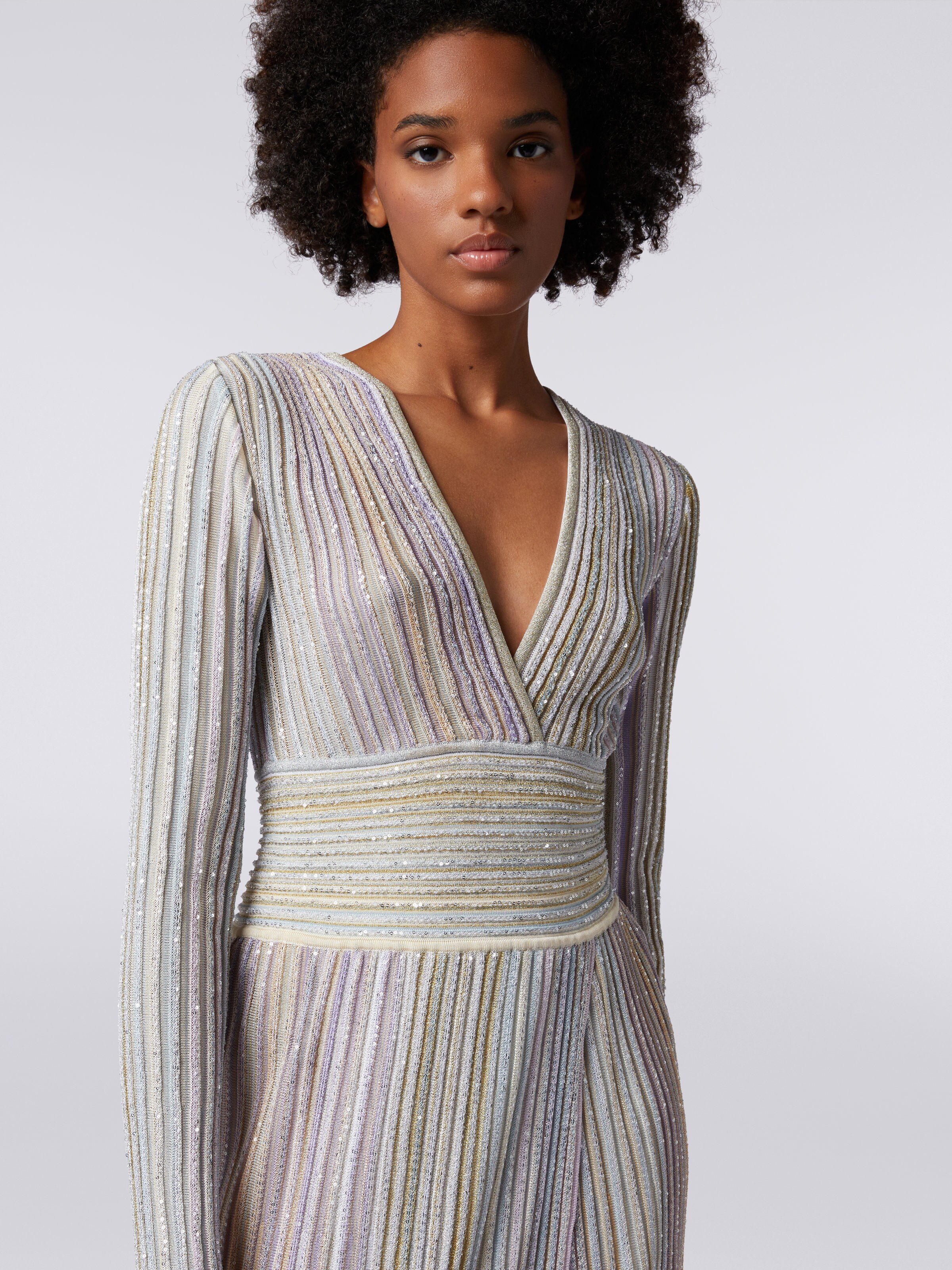 Long viscose dress with sequins and V neckline, Multicoloured  - 4