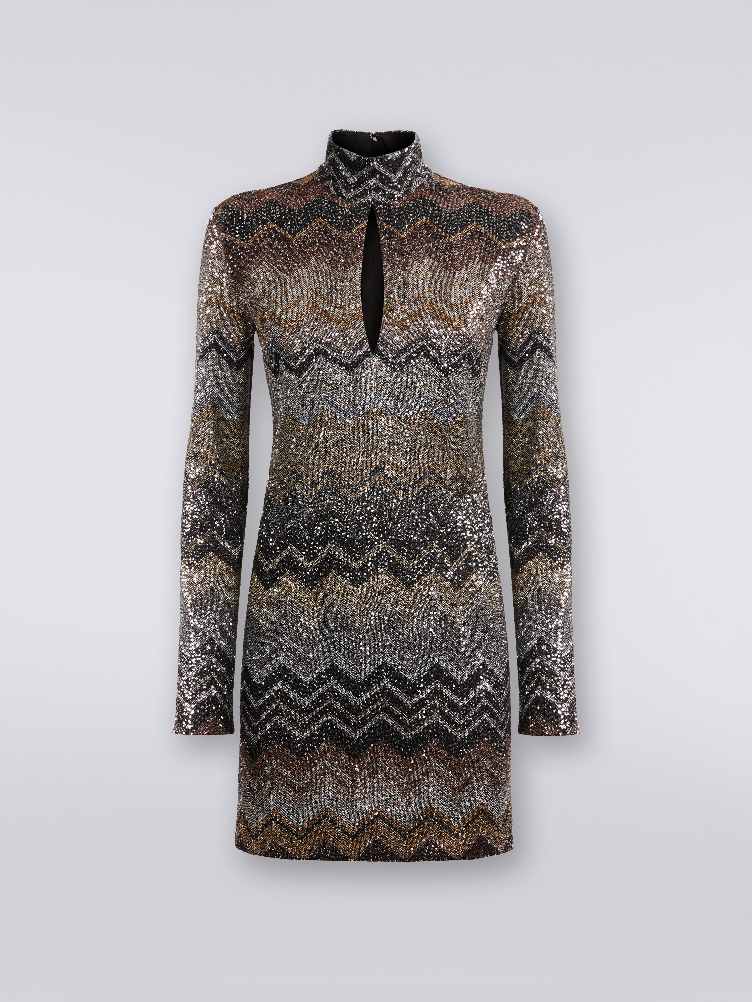 High-neck viscose blend chevron mini dress with sequins, Multicoloured  - 0