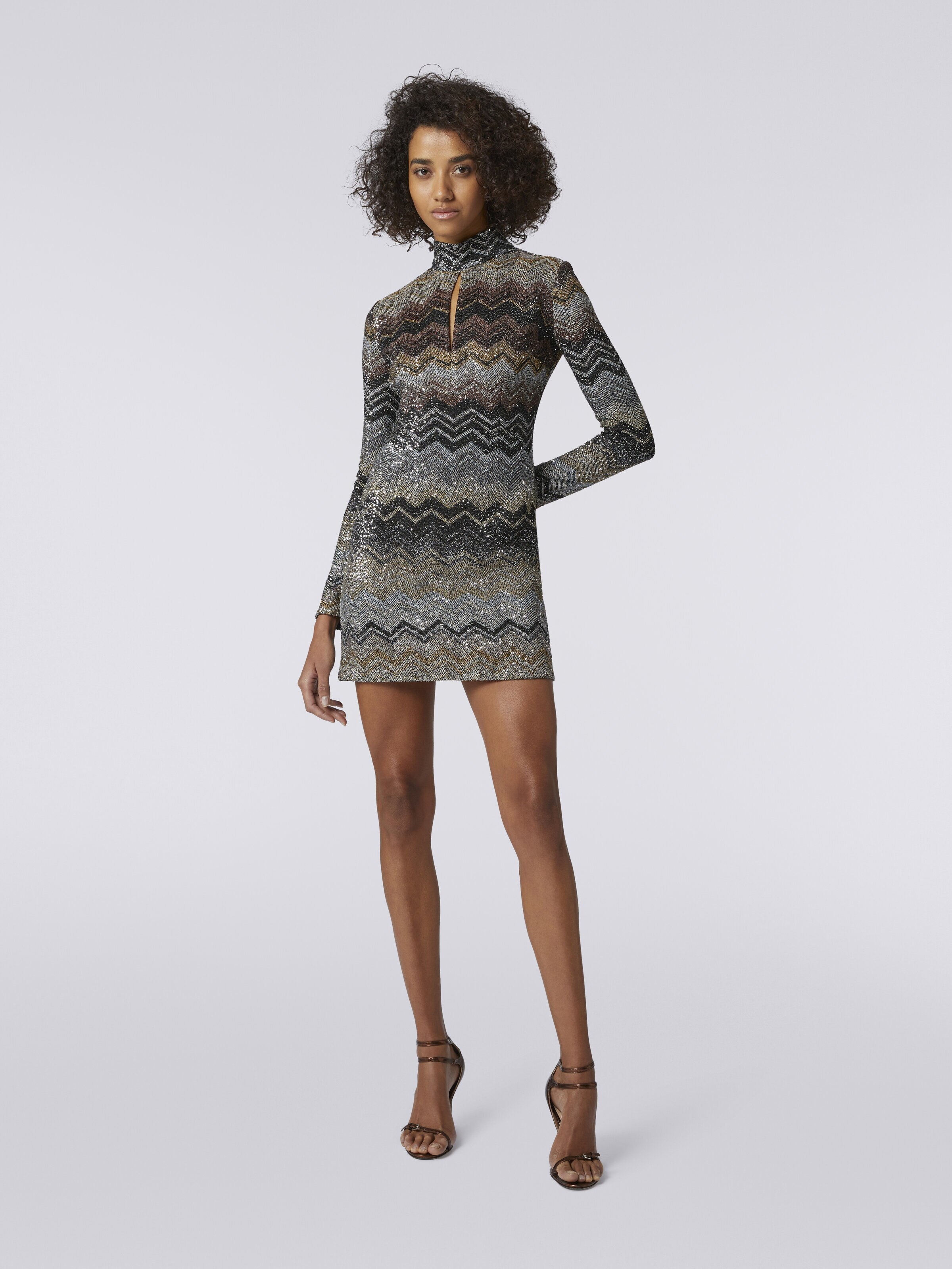 High-neck viscose blend chevron mini dress with sequins, Multicoloured  - 1