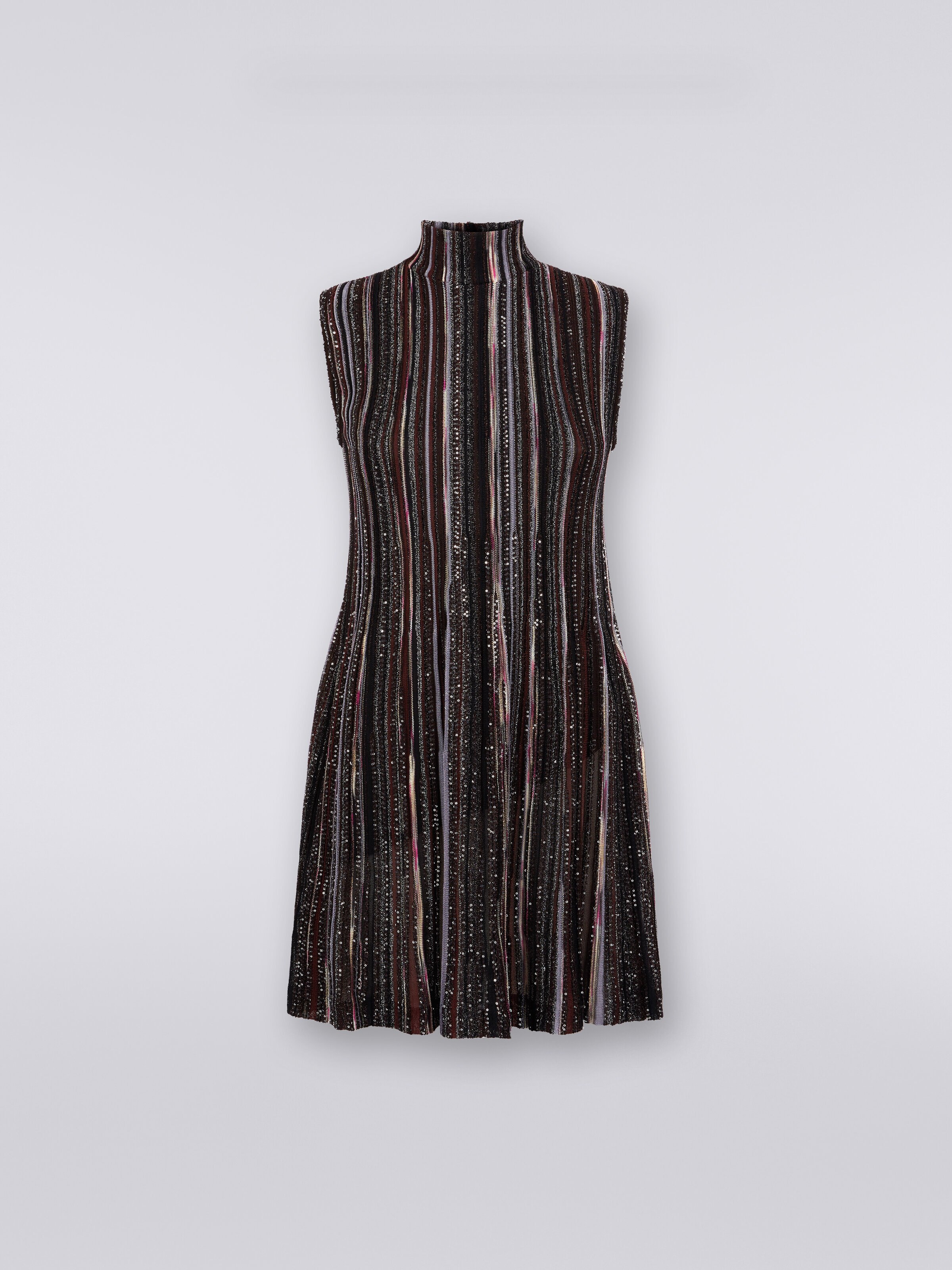 High-neck viscose blend mini dress with sequins, Multicoloured  - 0