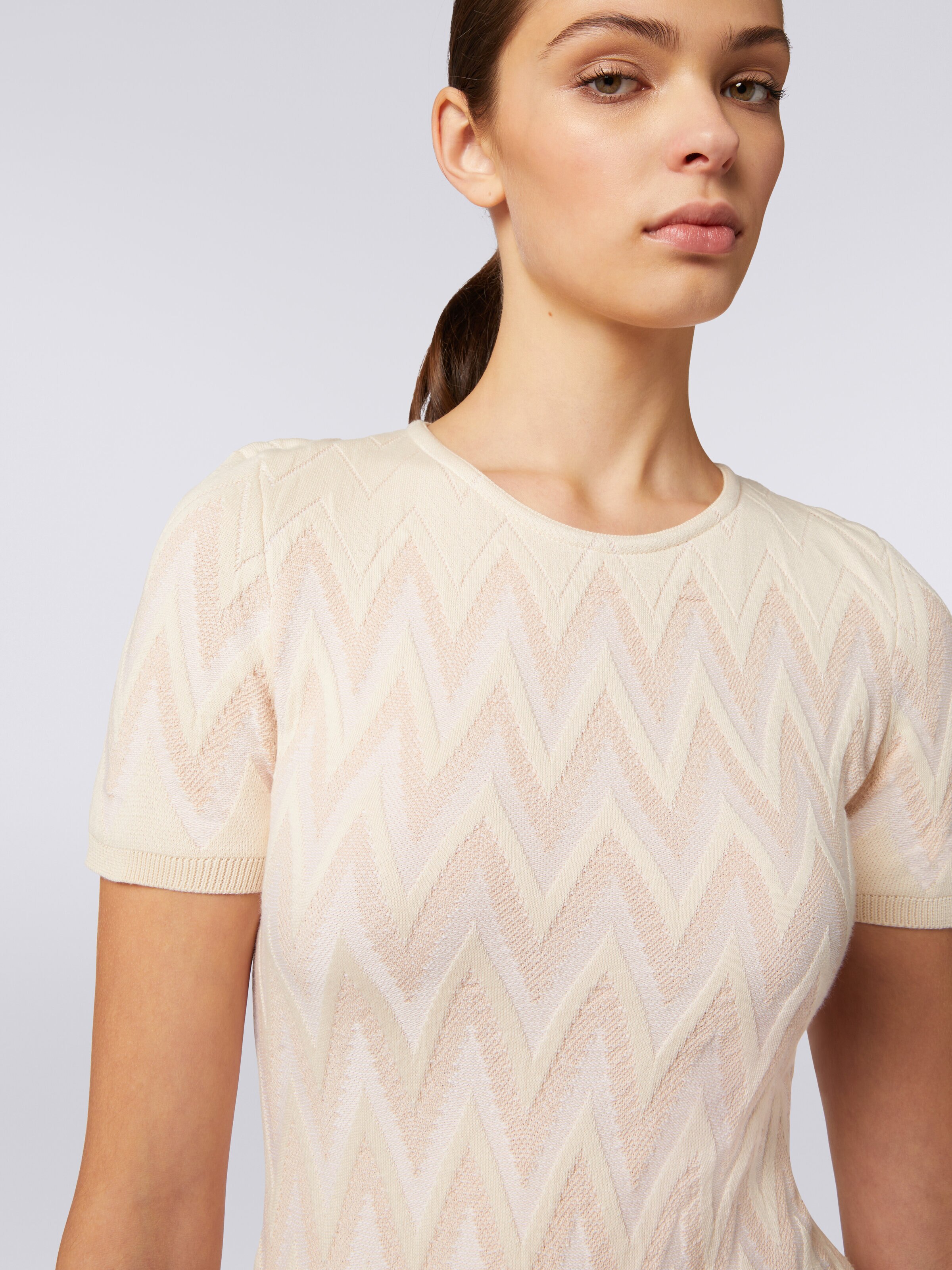 Crew-neck dress in cotton chevron with lurex, Beige - 4
