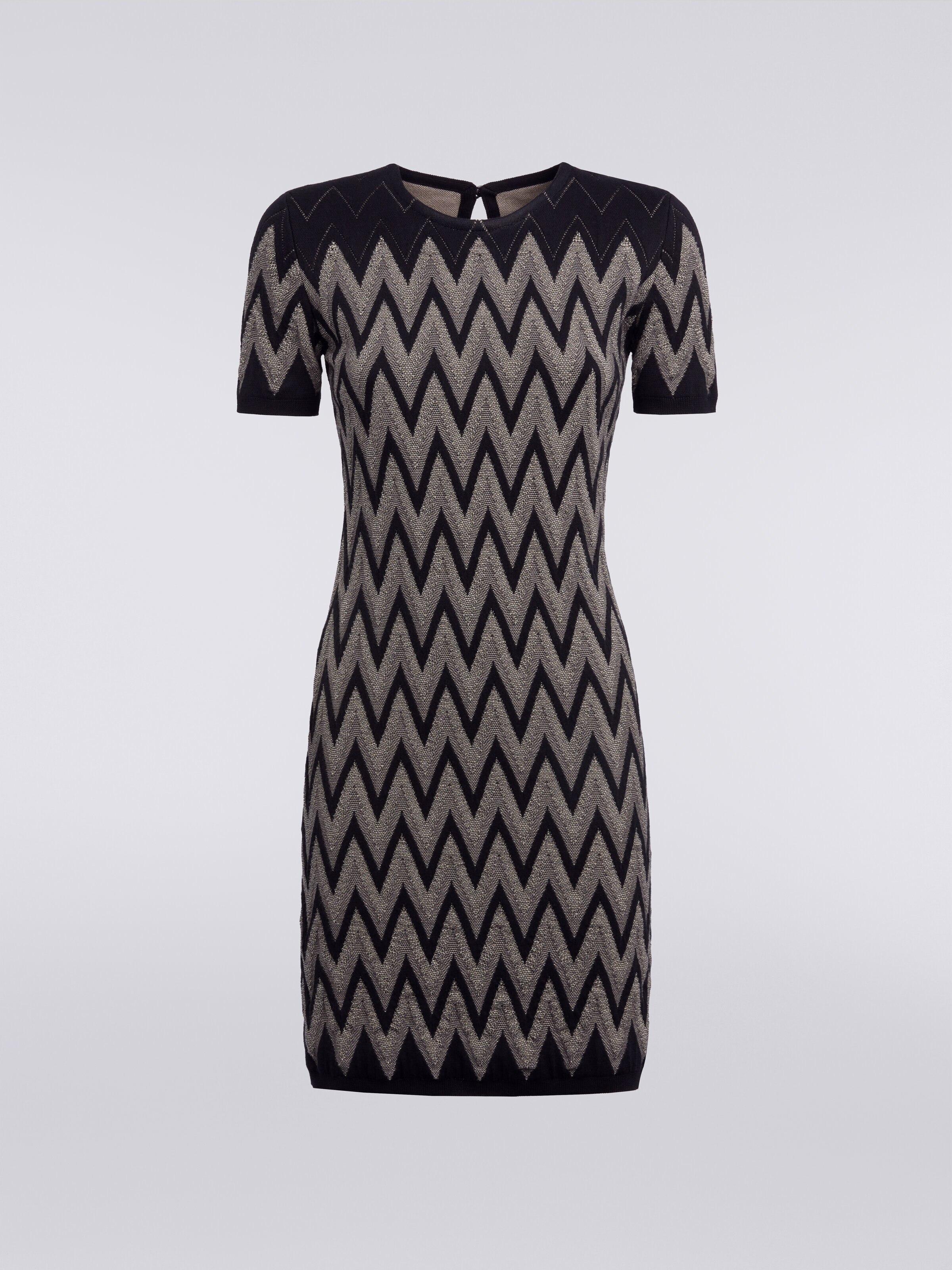 Crew-neck dress in cotton chevron with lurex, Grey - 0