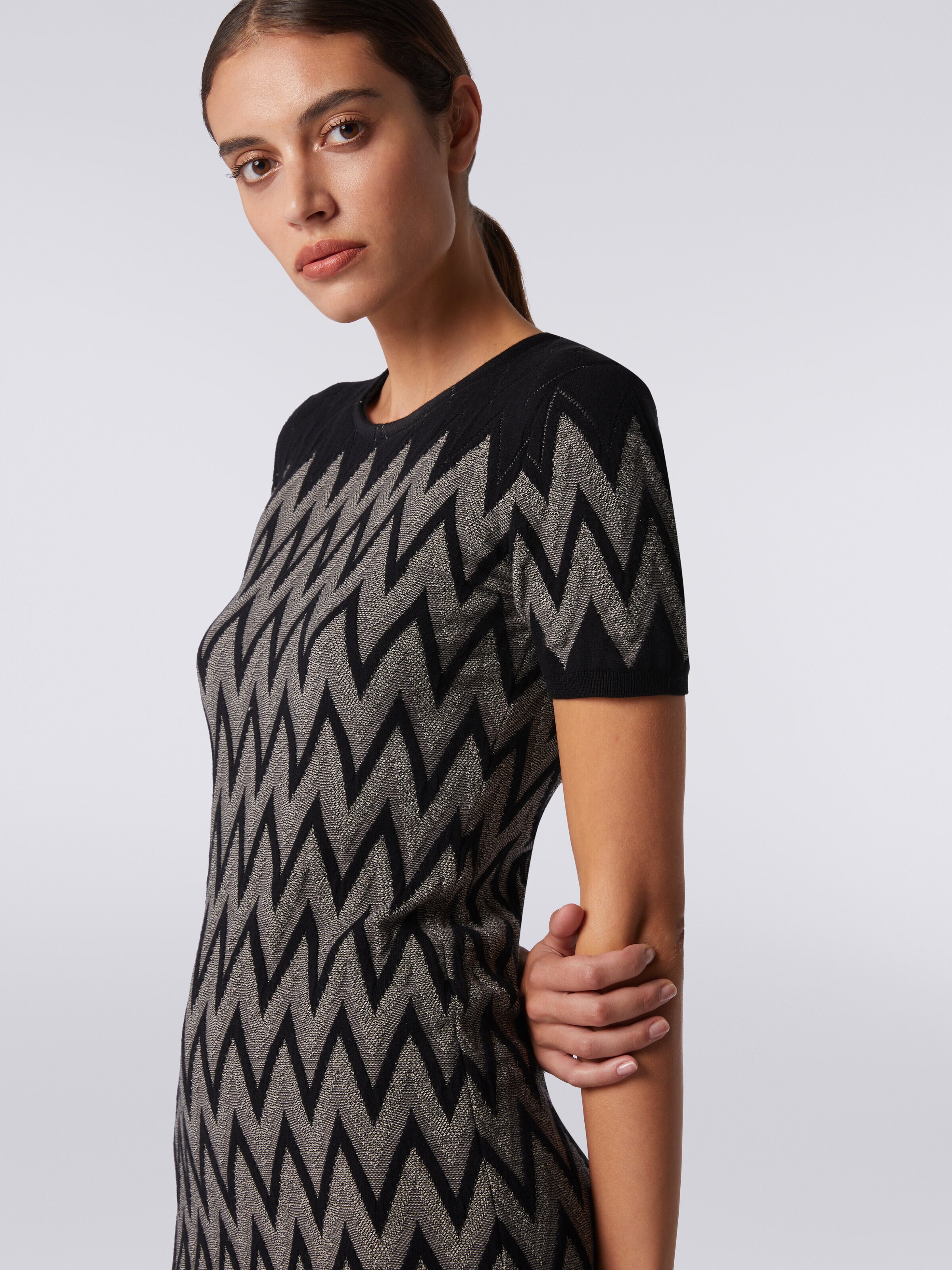 Crew-neck dress in cotton chevron with lurex, Grey - 4