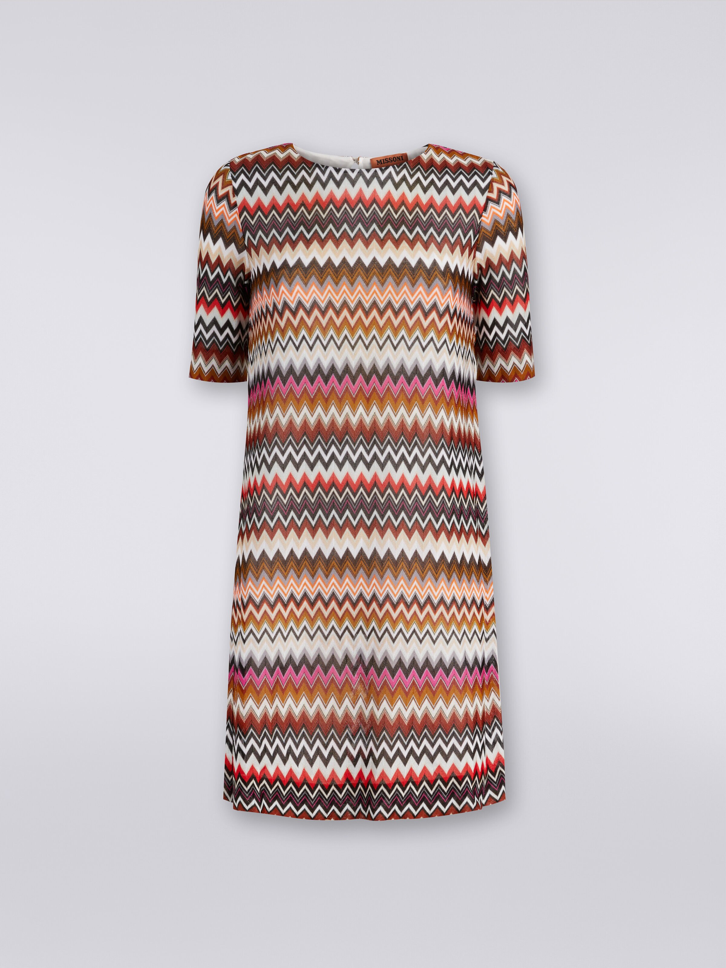 Short-sleeved viscose mini dress with zigzag pattern, Multicoloured  - 0