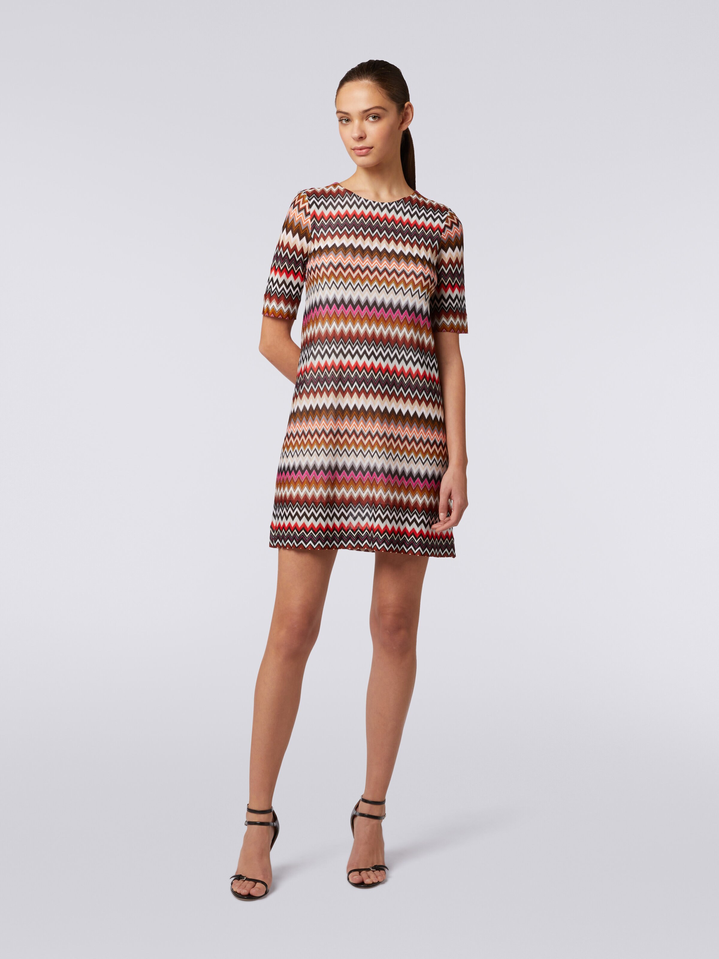 Short-sleeved viscose mini dress with zigzag pattern, Multicoloured  - 1