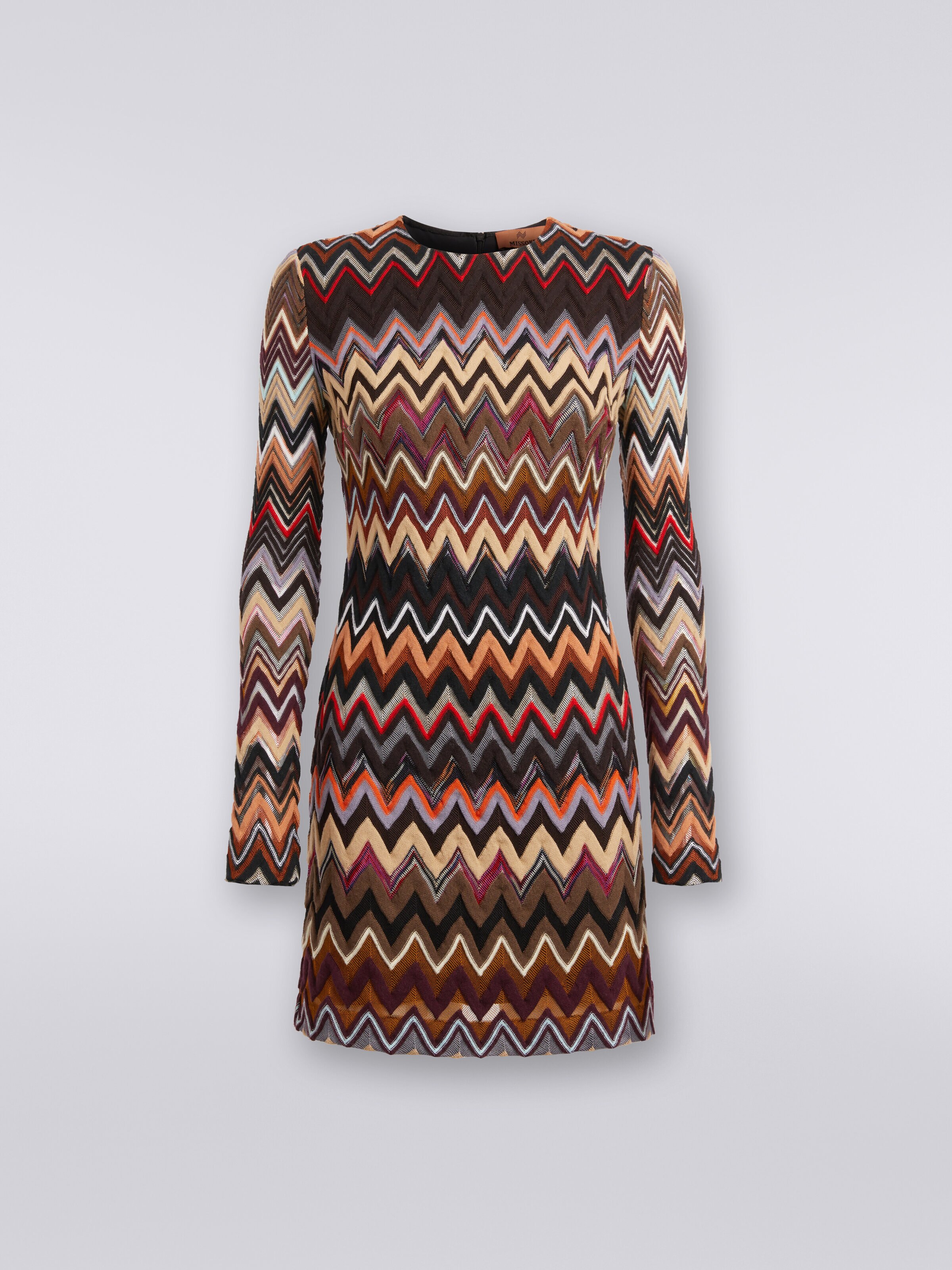 Crew-neck wool and viscose mini dress with zigzag pattern, Multicoloured  - 0