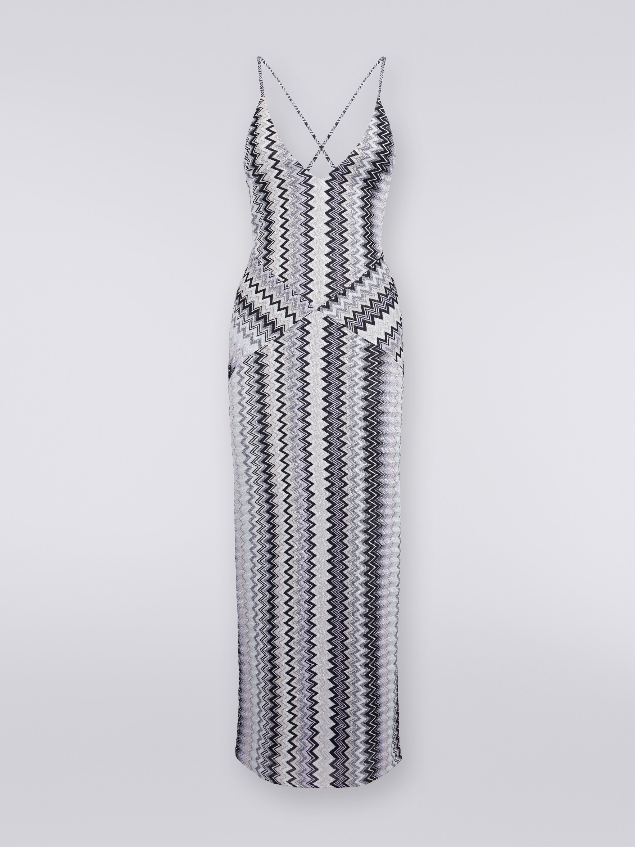 Long V-neck viscose dress with zigzag pattern, Multicoloured  - 0