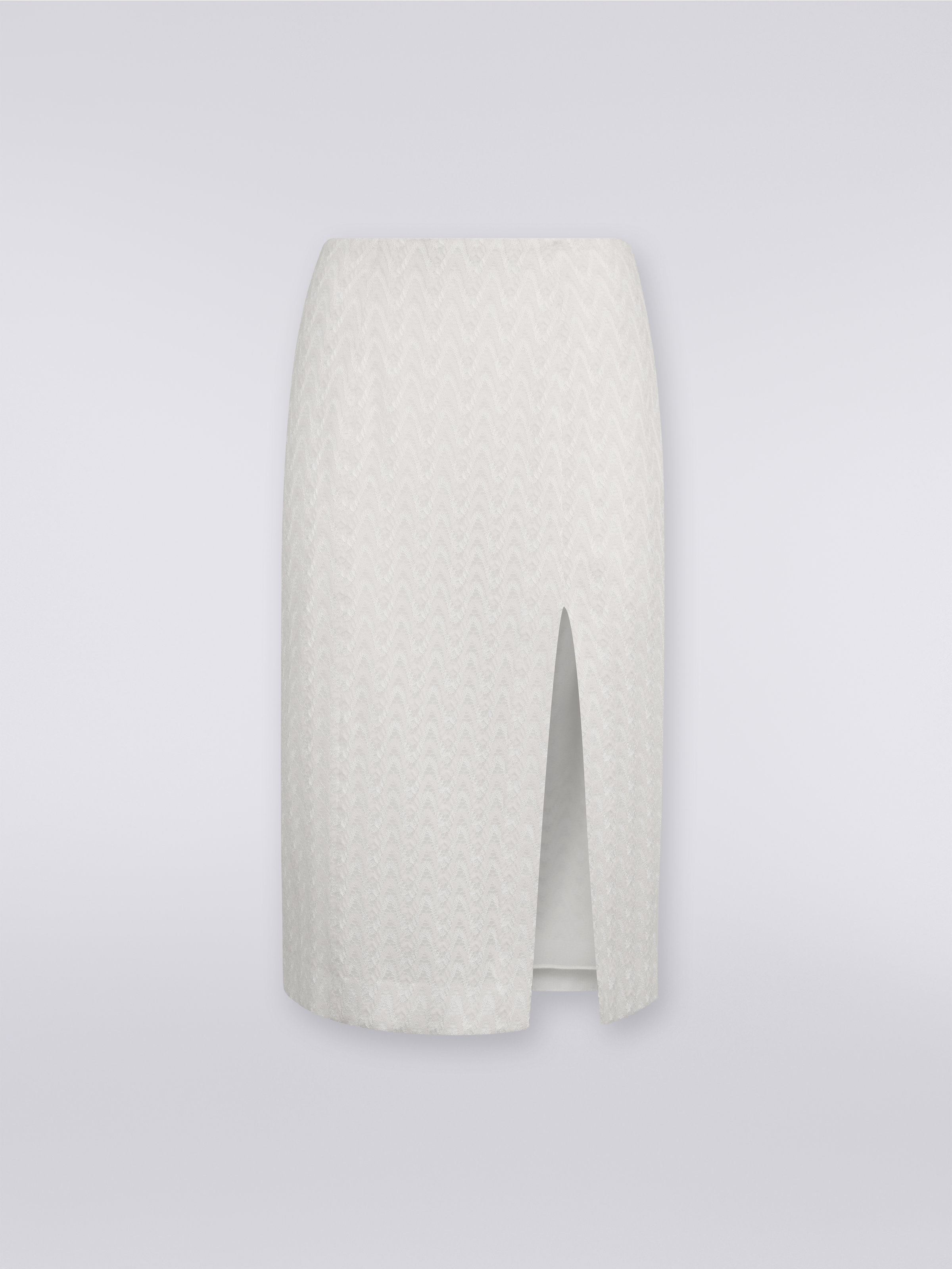 Falda longuette con abertura en lana y viscosa de confección raschel, Blanco  - 0