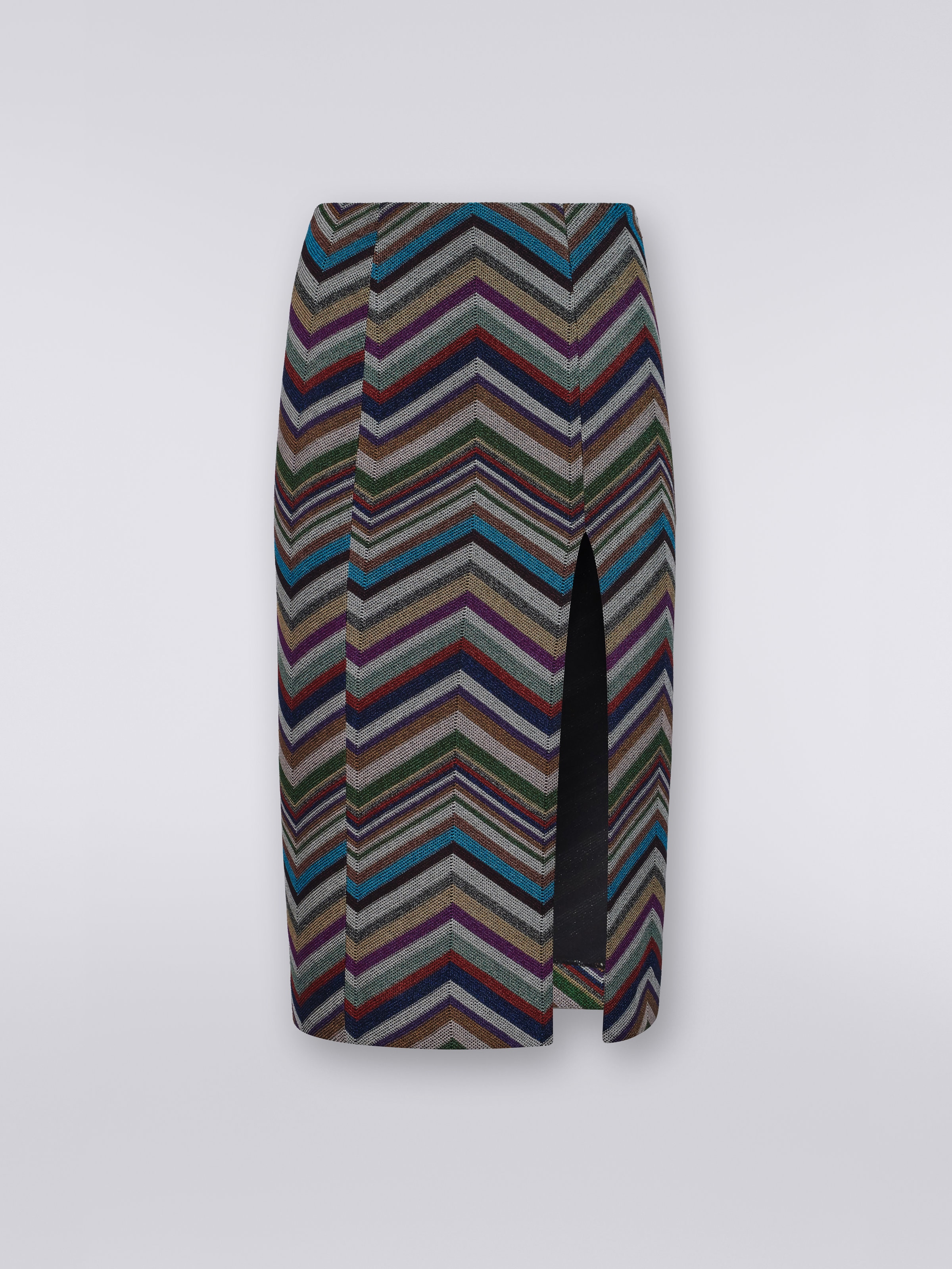Skirt with split in wool and viscose chevron and lurex, Multicoloured  - 0