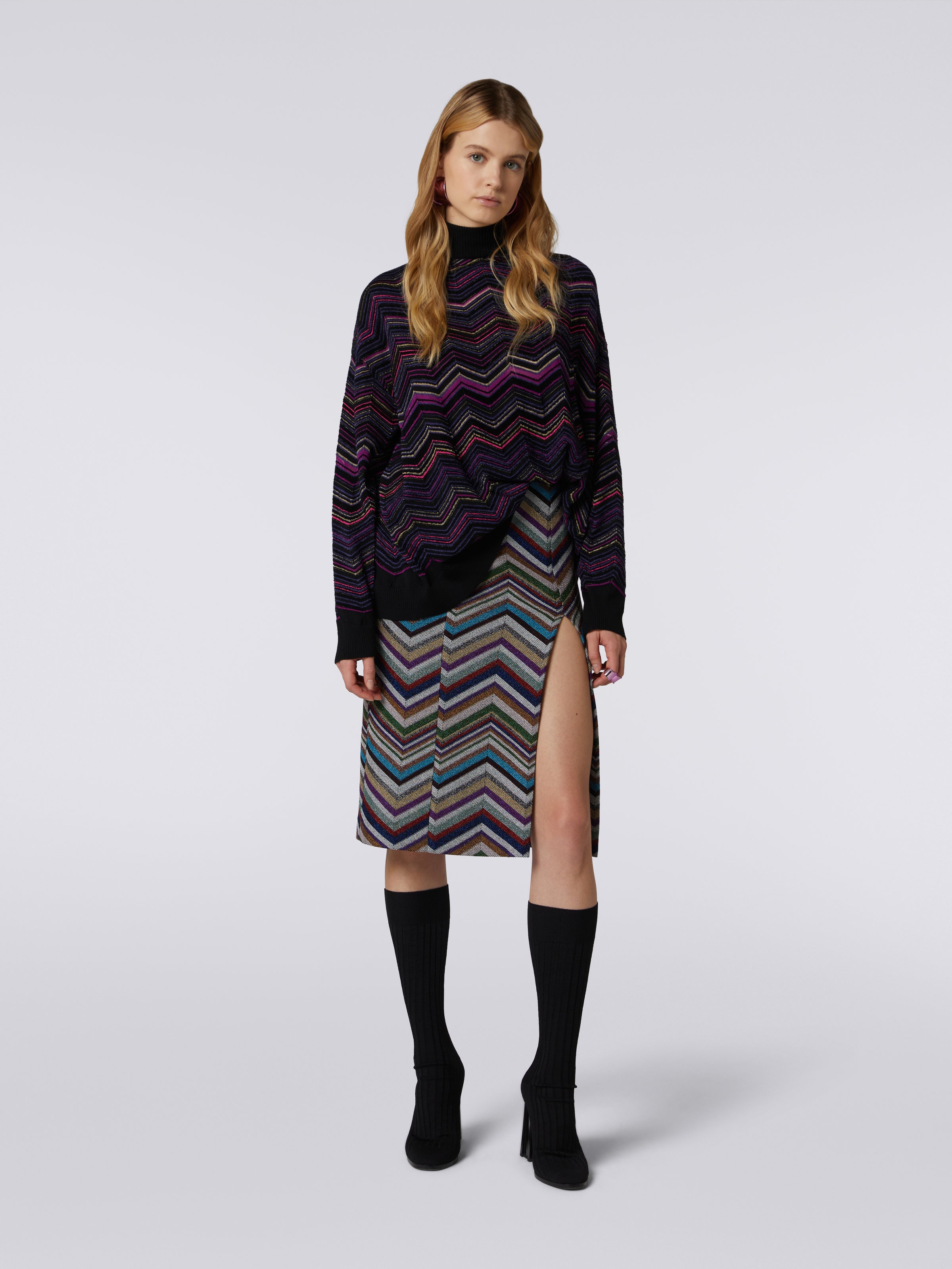 Skirt with split in wool and viscose chevron and lurex, Multicoloured  - 1