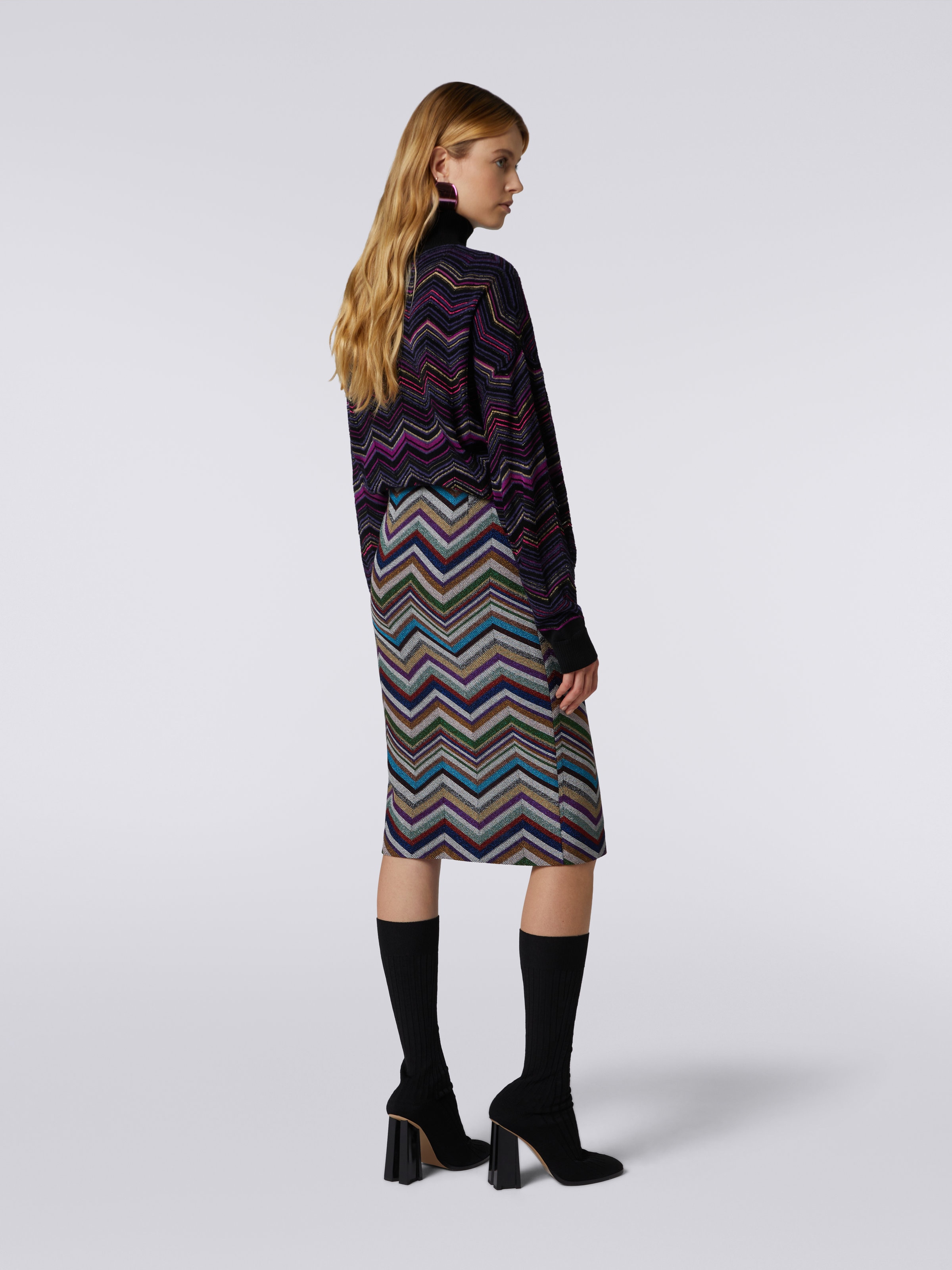 Skirt with split in wool and viscose chevron and lurex, Multicoloured  - 3