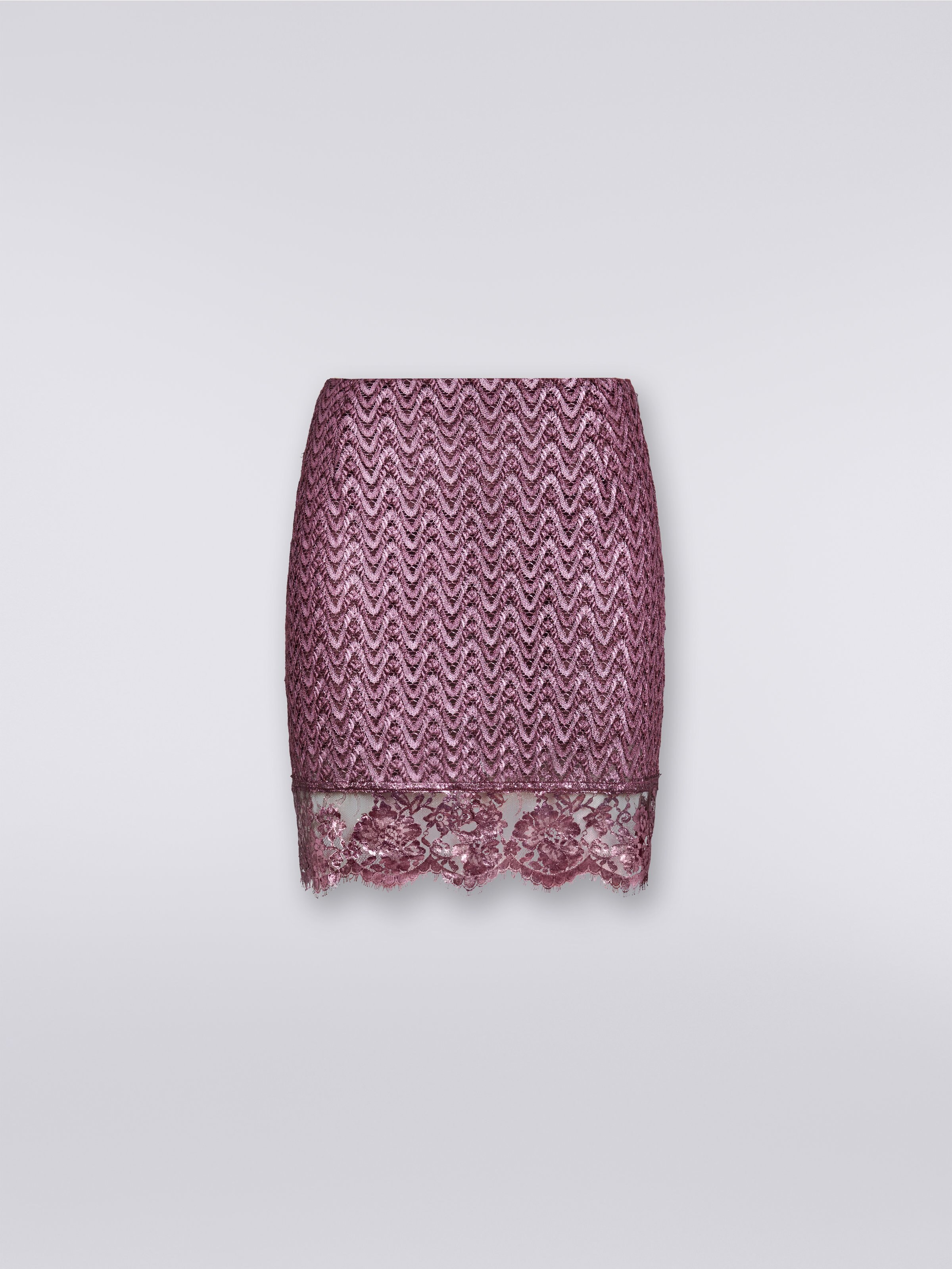 Wool and viscose miniskirt with zigzag pattern and lace, Purple  - 0
