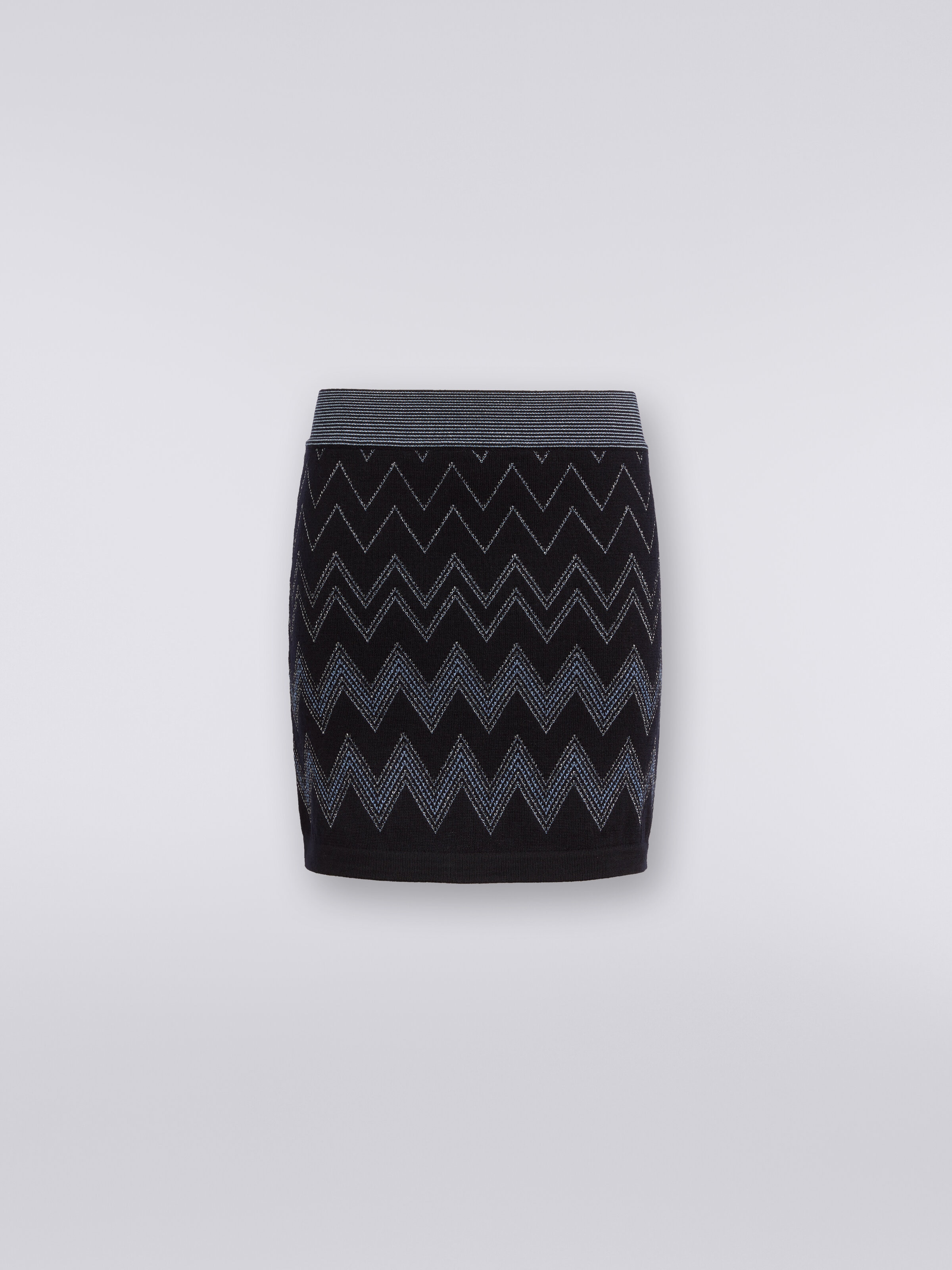 Wool and viscose miniskirt with zigzag pattern and lurex, Blue - 0