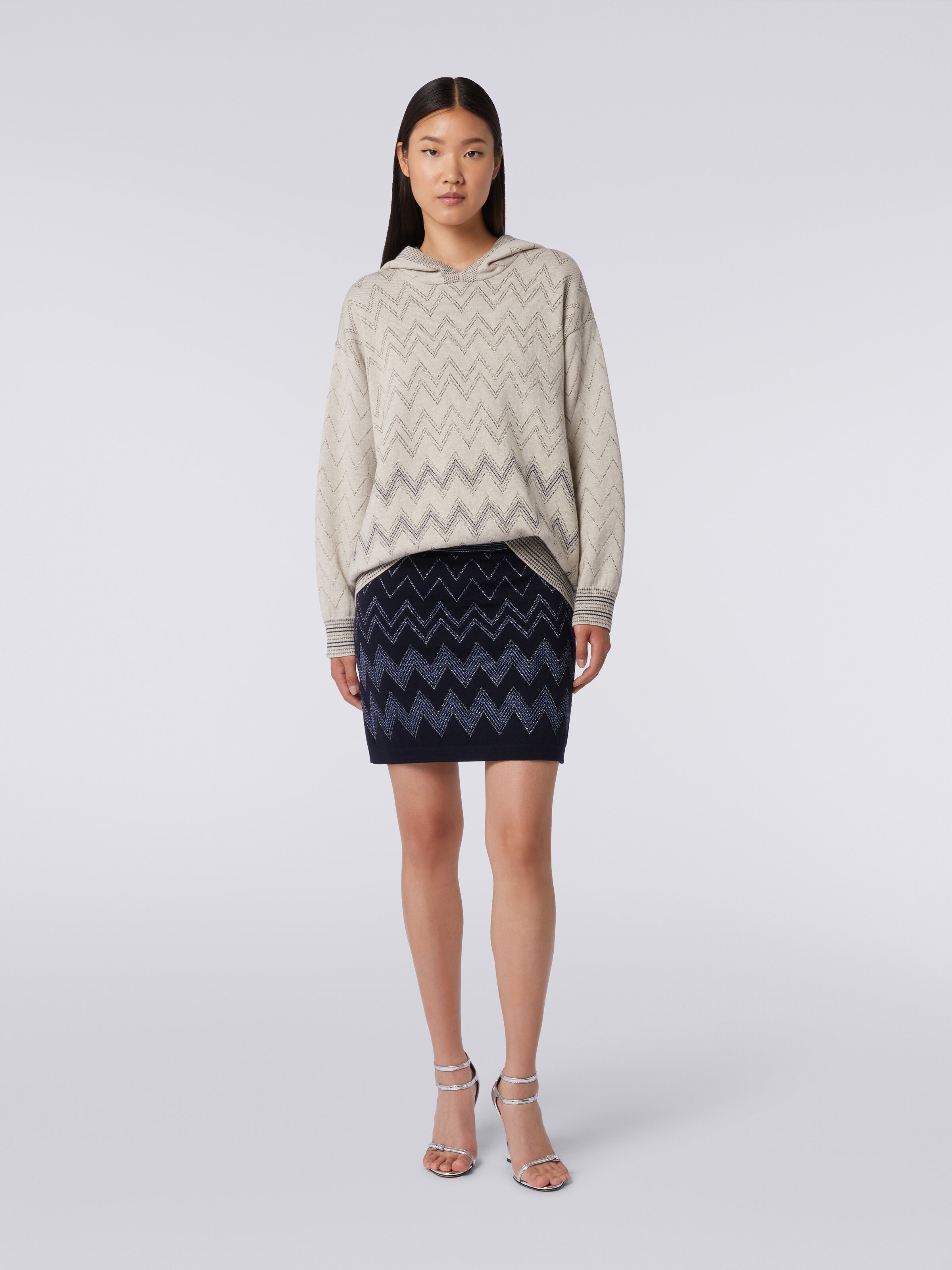 Wool and viscose miniskirt with zigzag pattern and lurex, Blue - 1