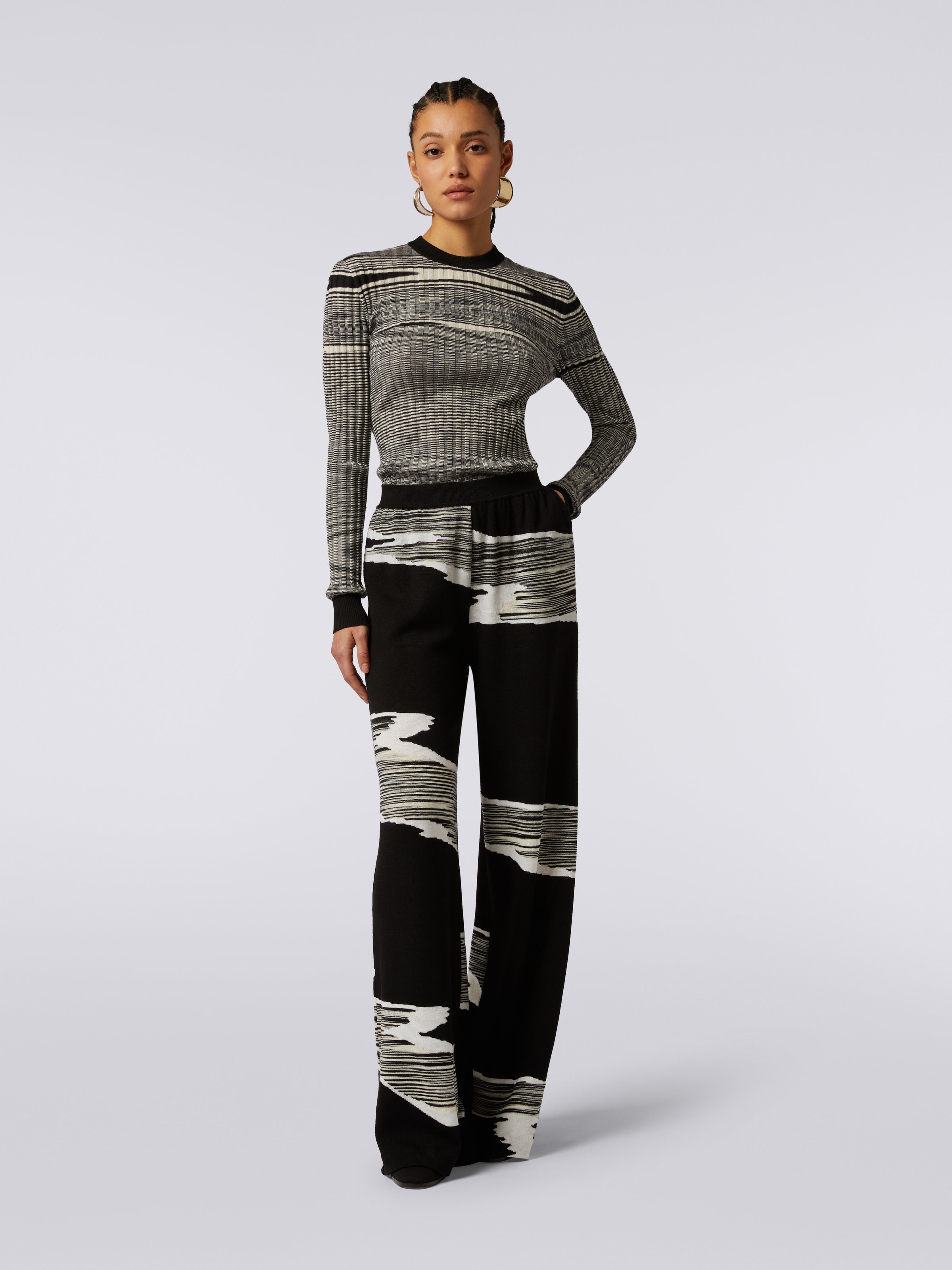 Wool palazzo trousers with wool inlay details , Black & White - 1