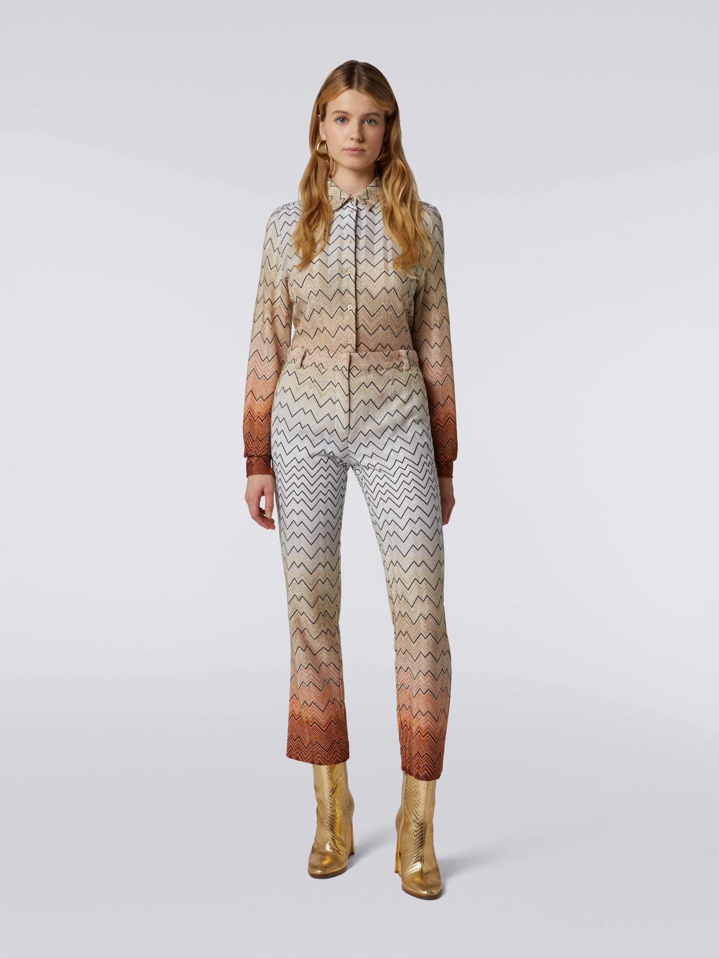 Viscose blend Capri pants with zigzag pattern and lurex, White  - 1