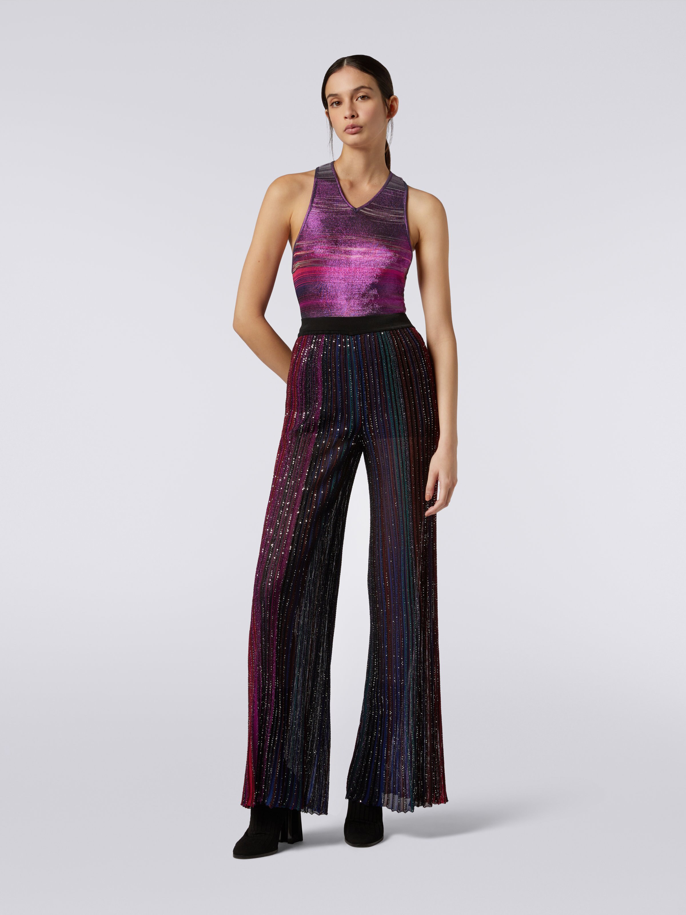 Flared pleated viscose blend trousers with sequins, Multicoloured  - 1
