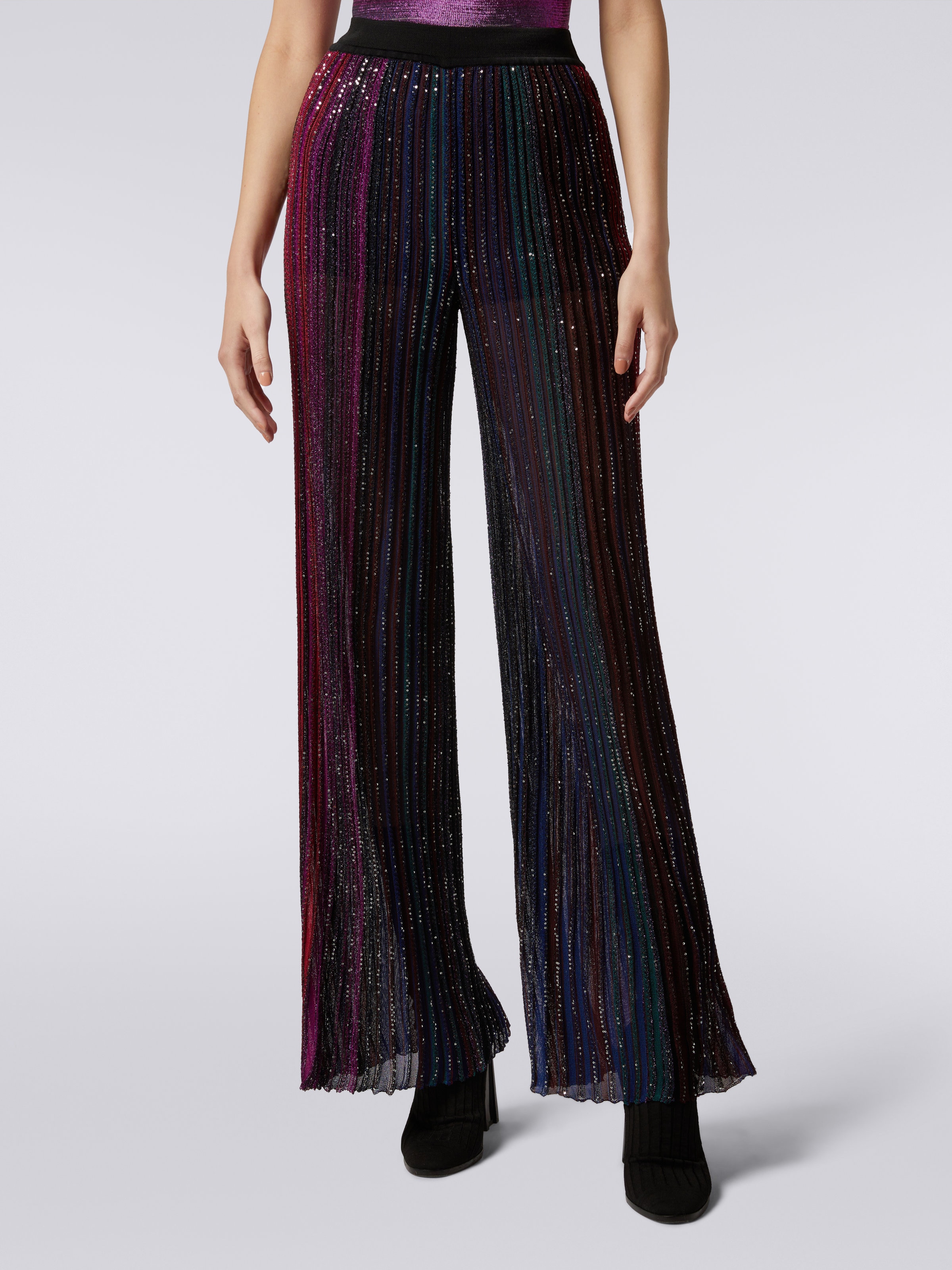 Flared pleated viscose blend trousers with sequins, Multicoloured  - 4