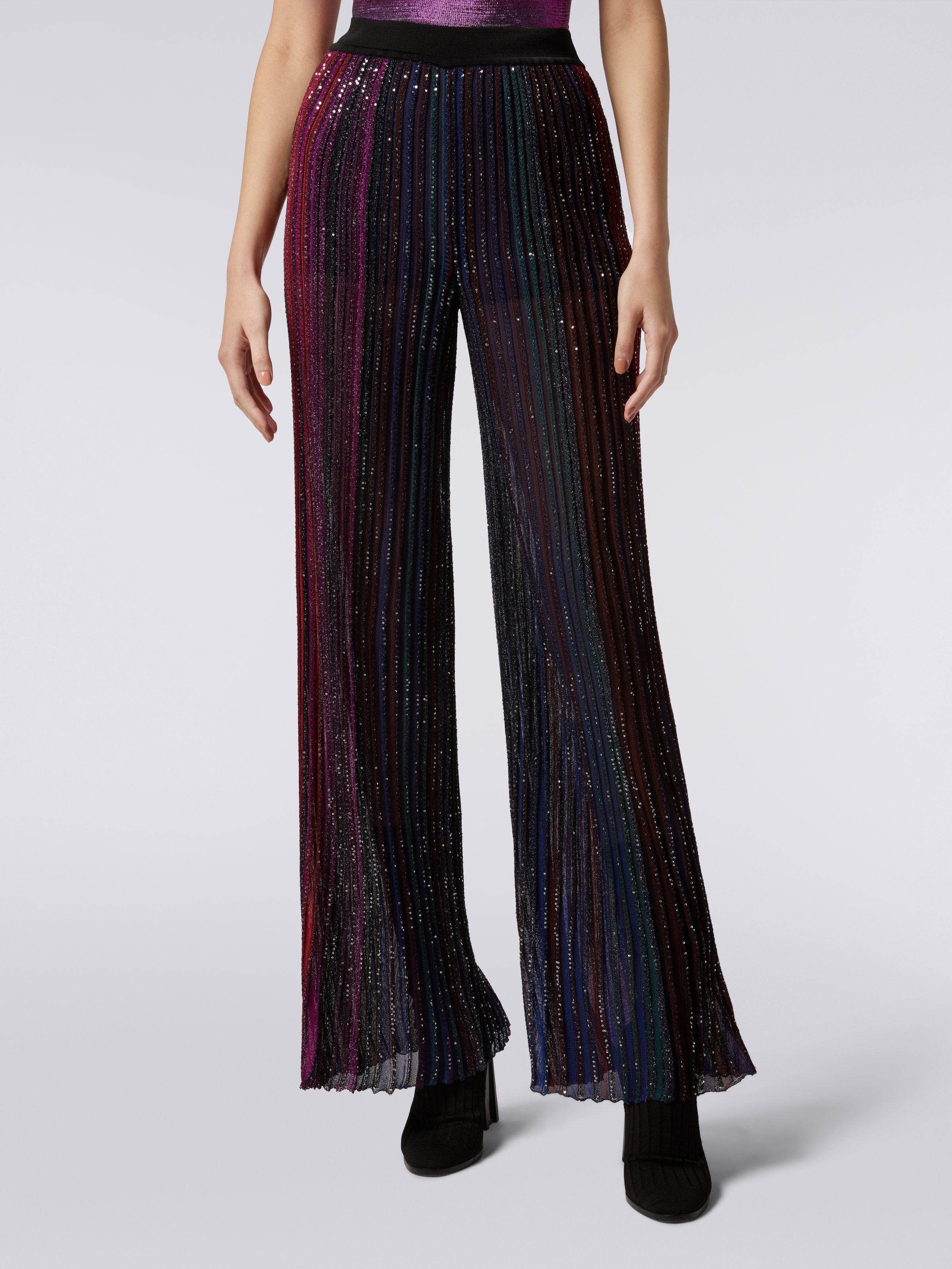 Pantalon évasé plissé en viscose mélangé avec paillettes, Multicolore  - 4