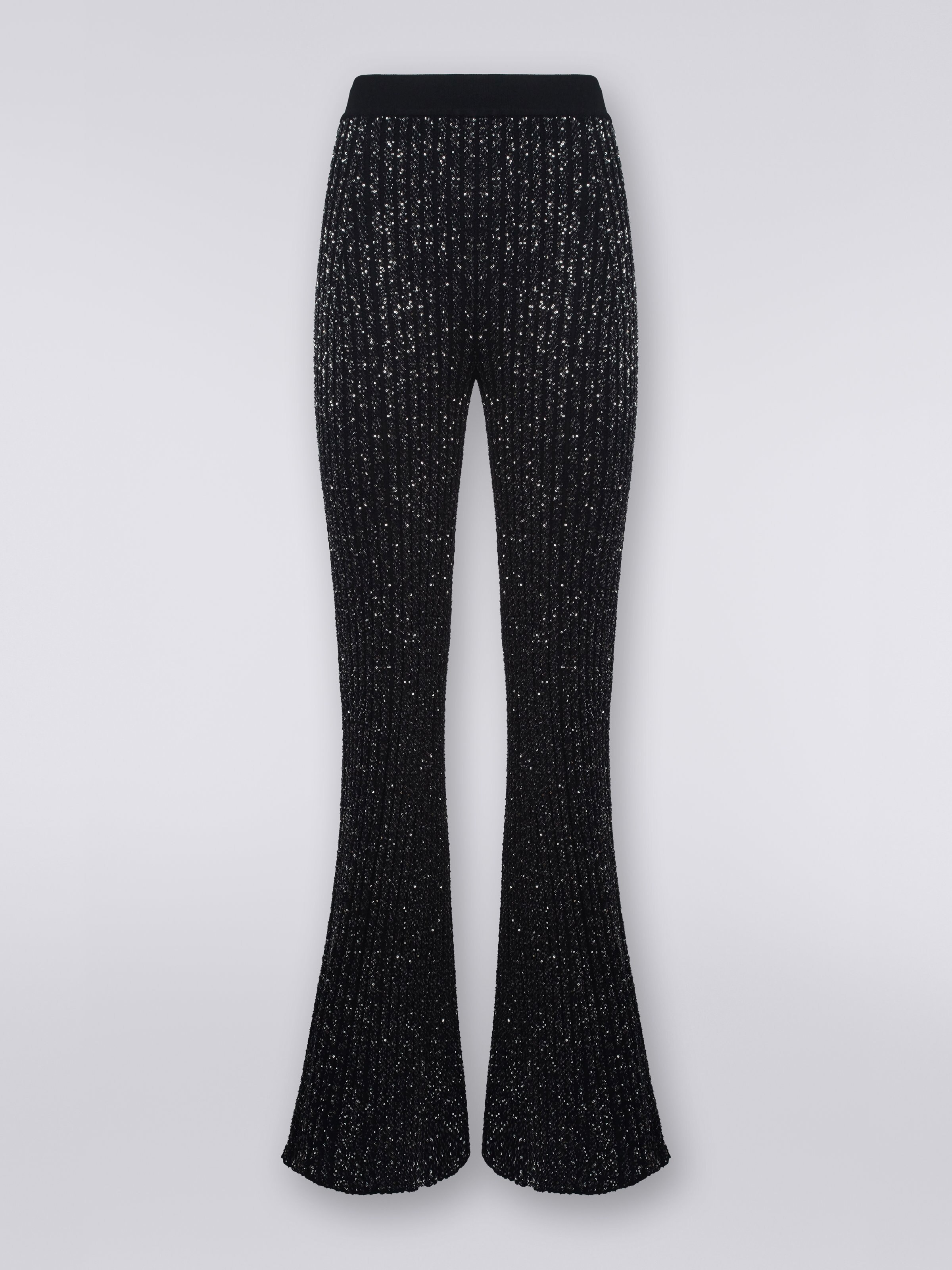 Pantalon évasé en viscose mélangée avec paillettes, Noir    - 0