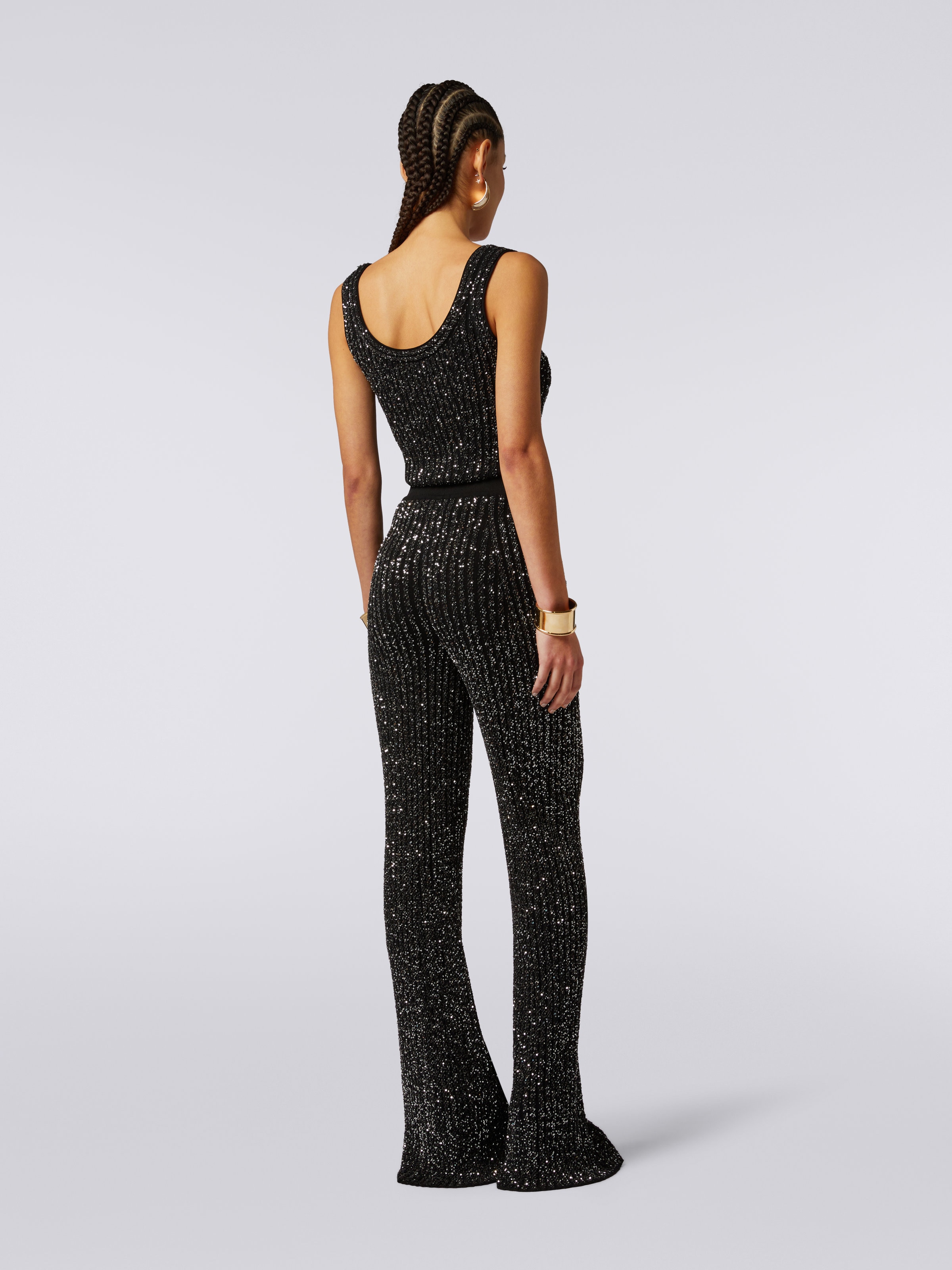 Pantalon évasé en viscose mélangée avec paillettes, Noir    - 3