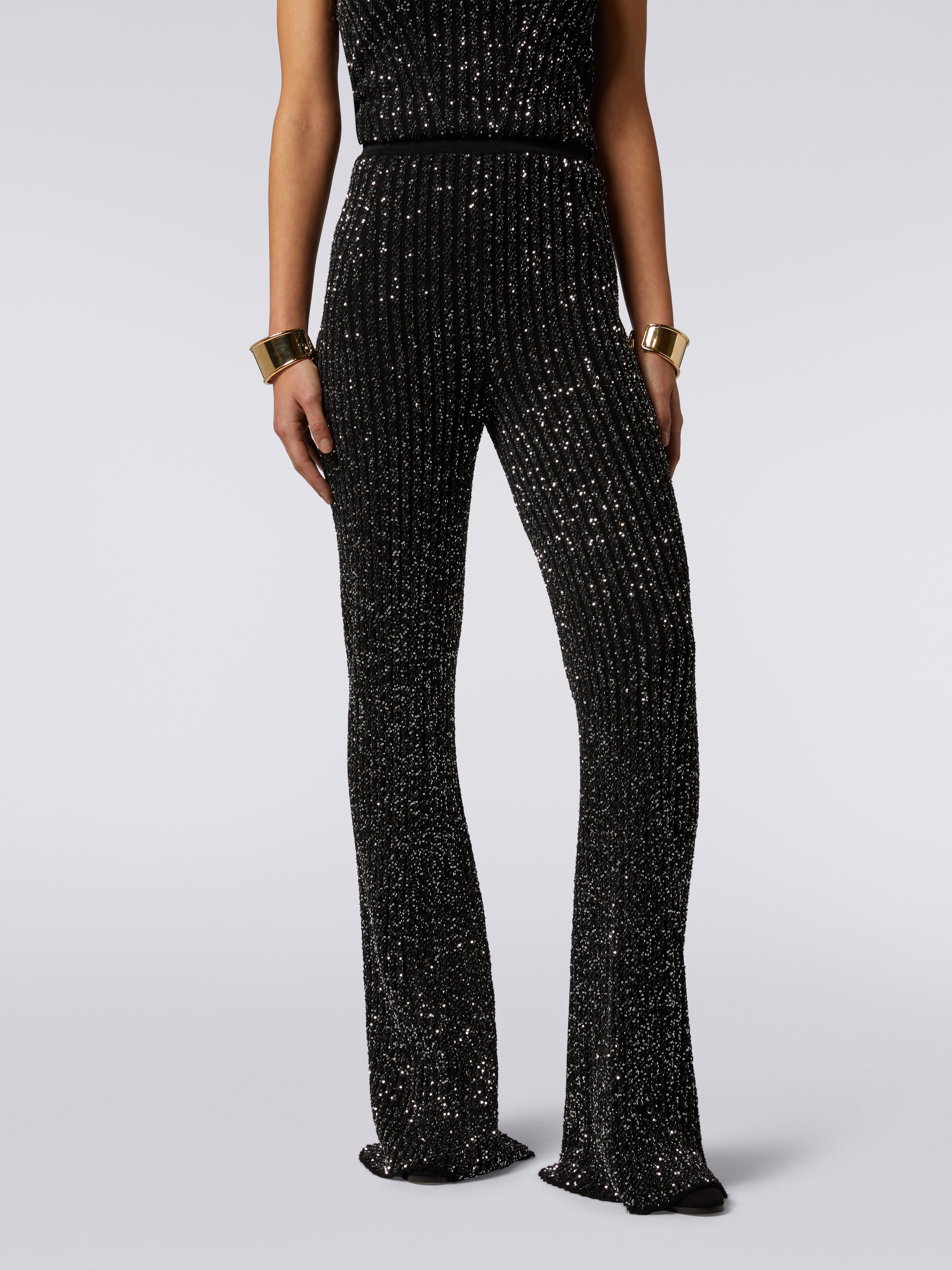 Viscose blend flared trousers with sequins, Black    - 4