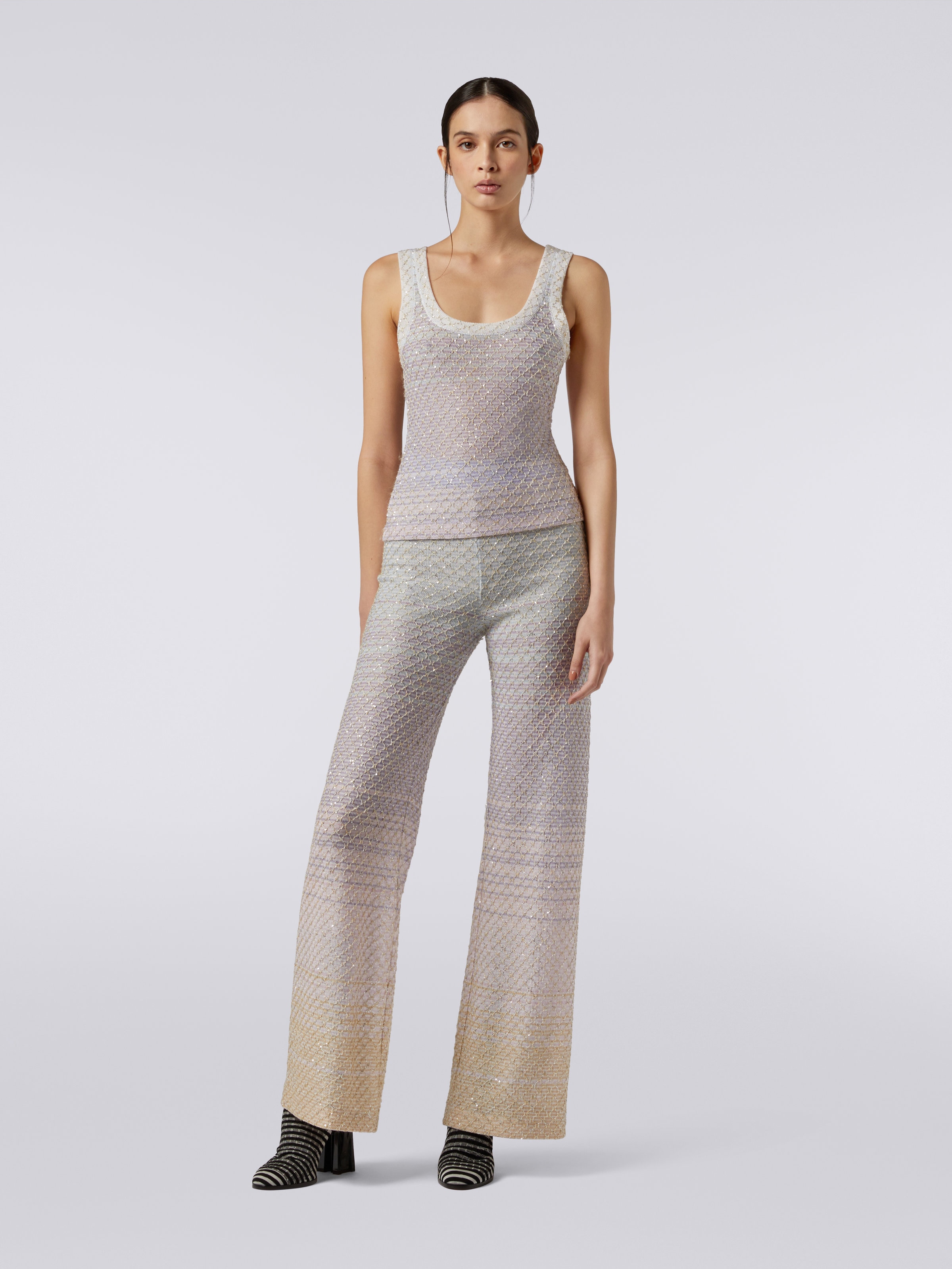 Pantaloni in misto viscosa con lavorazione a rete e paillettes, Multicolore  - 1