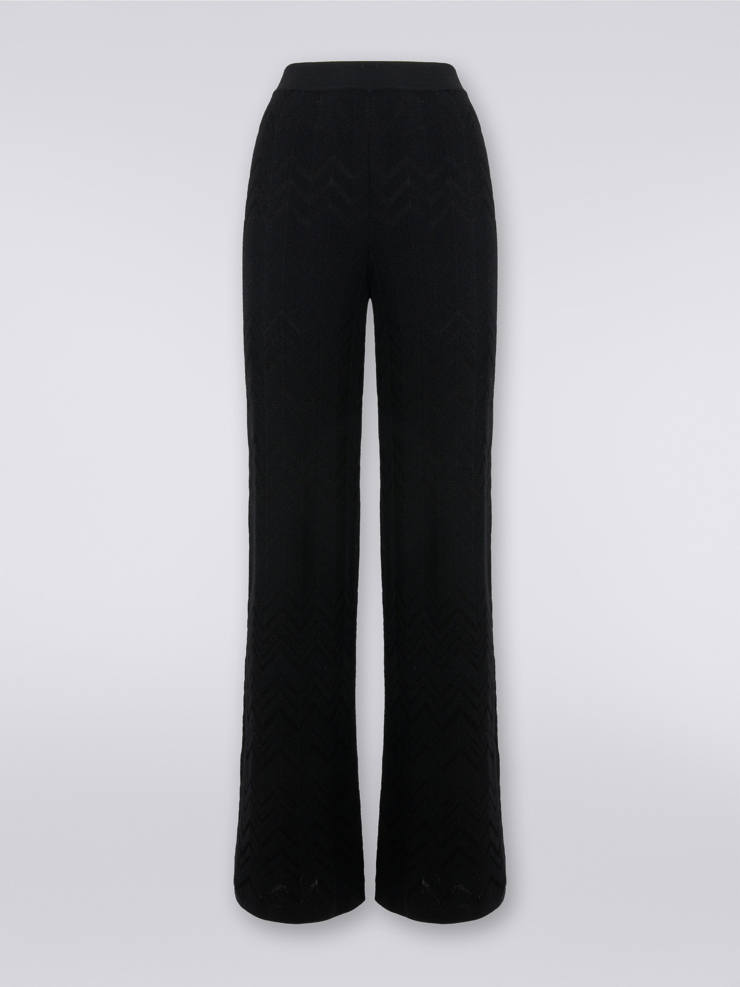 Flared English-ribbed wool and viscose chevron trousers , Black    - 0