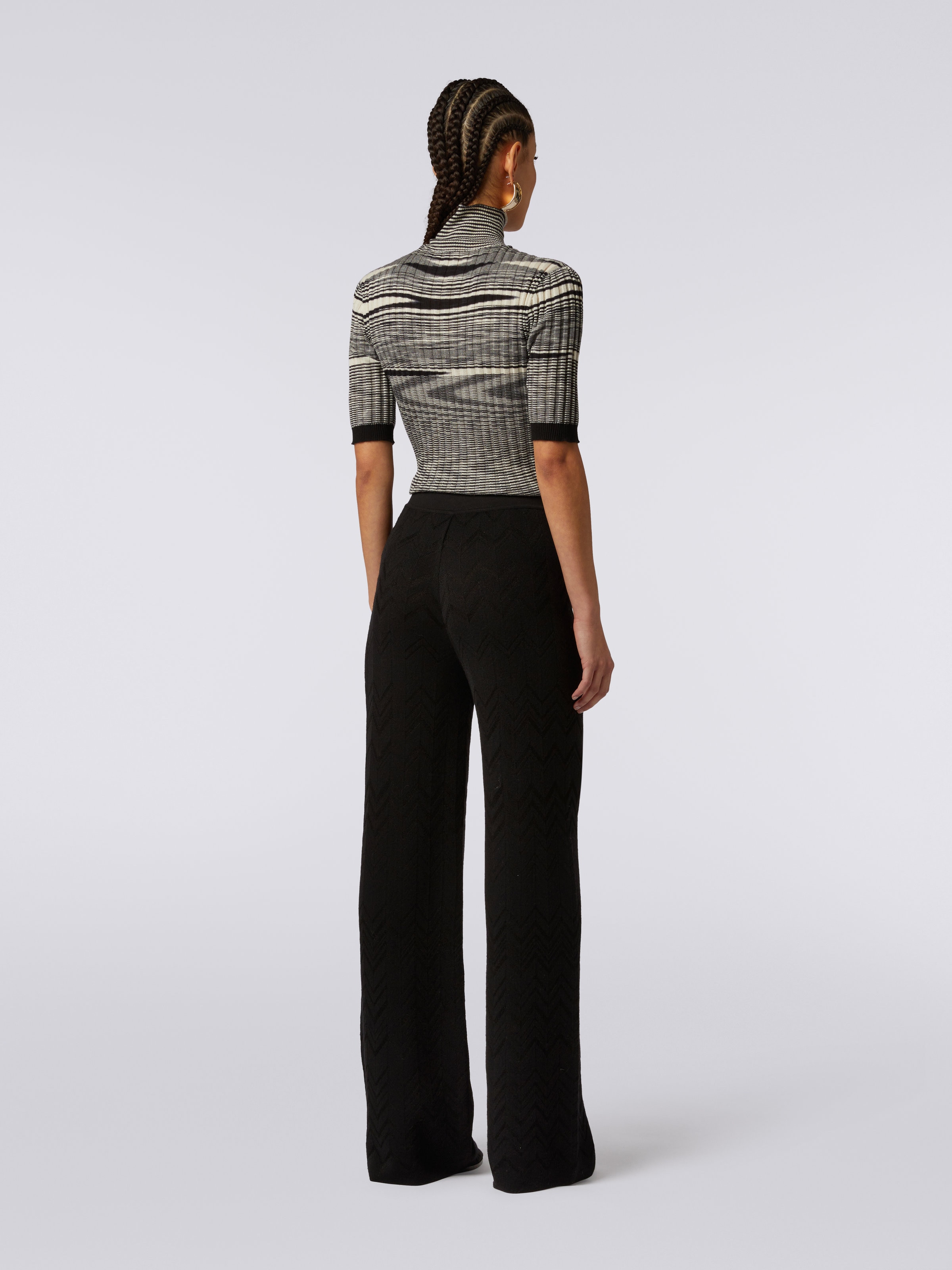 Flared English-ribbed wool and viscose chevron trousers , Black    - 3