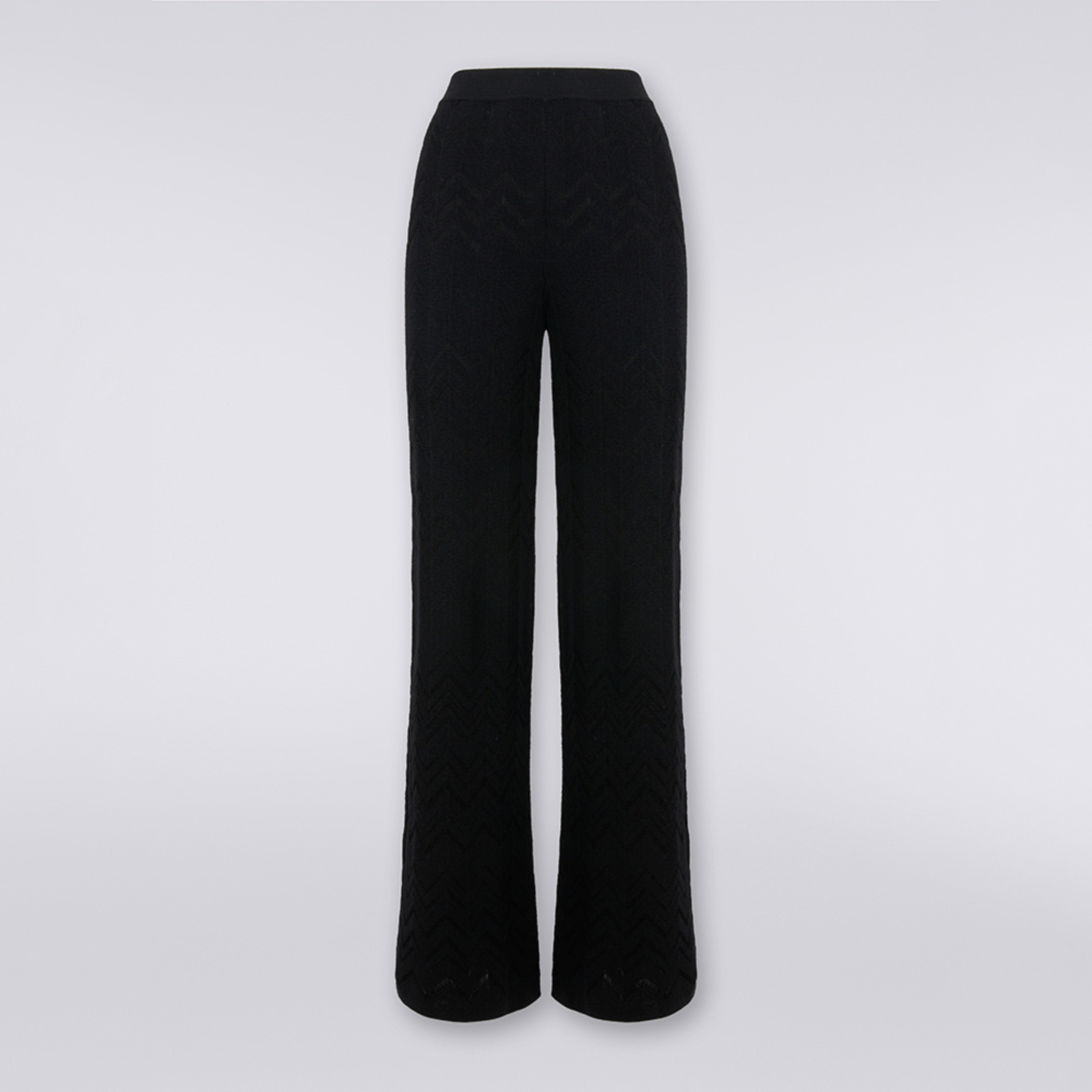 Pantalon évasé en mailles anglaises en laine et viscose à chevrons , Noir    - 5