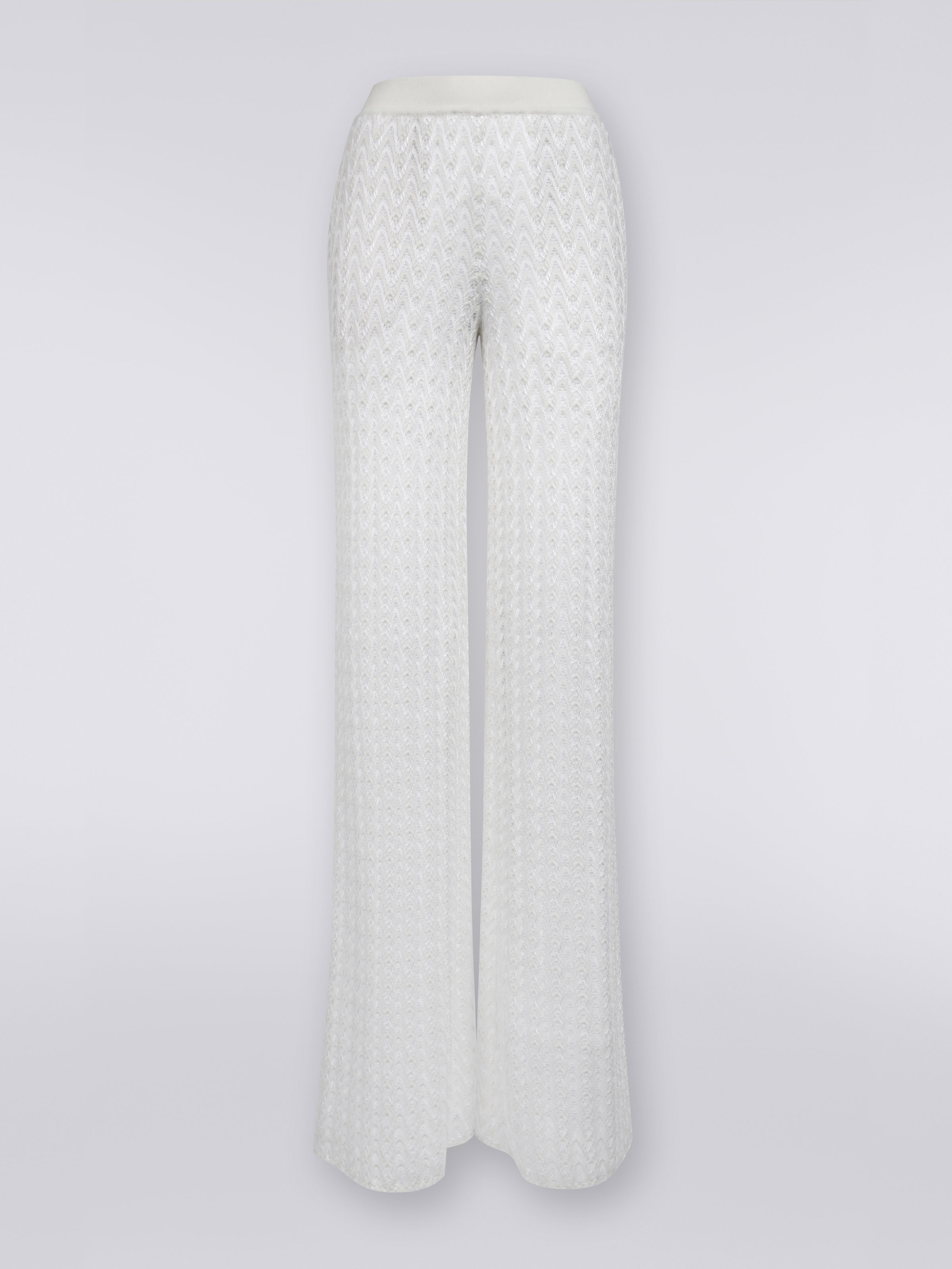 Pantalon palazzo en laine et viscose à finition raschel, Blanc  - 0
