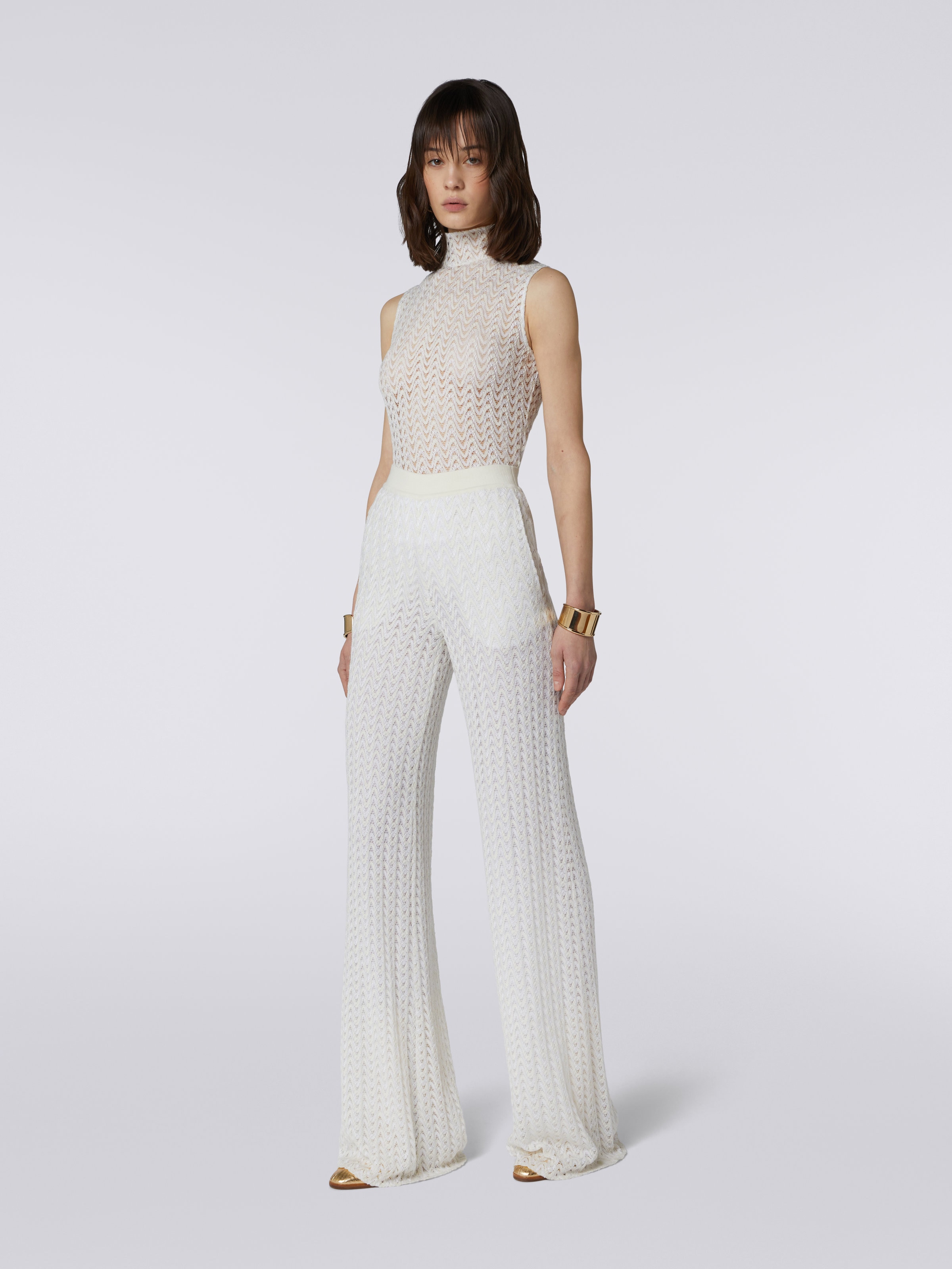 Palazzo pants in raschel knit wool and viscose, White  - 1