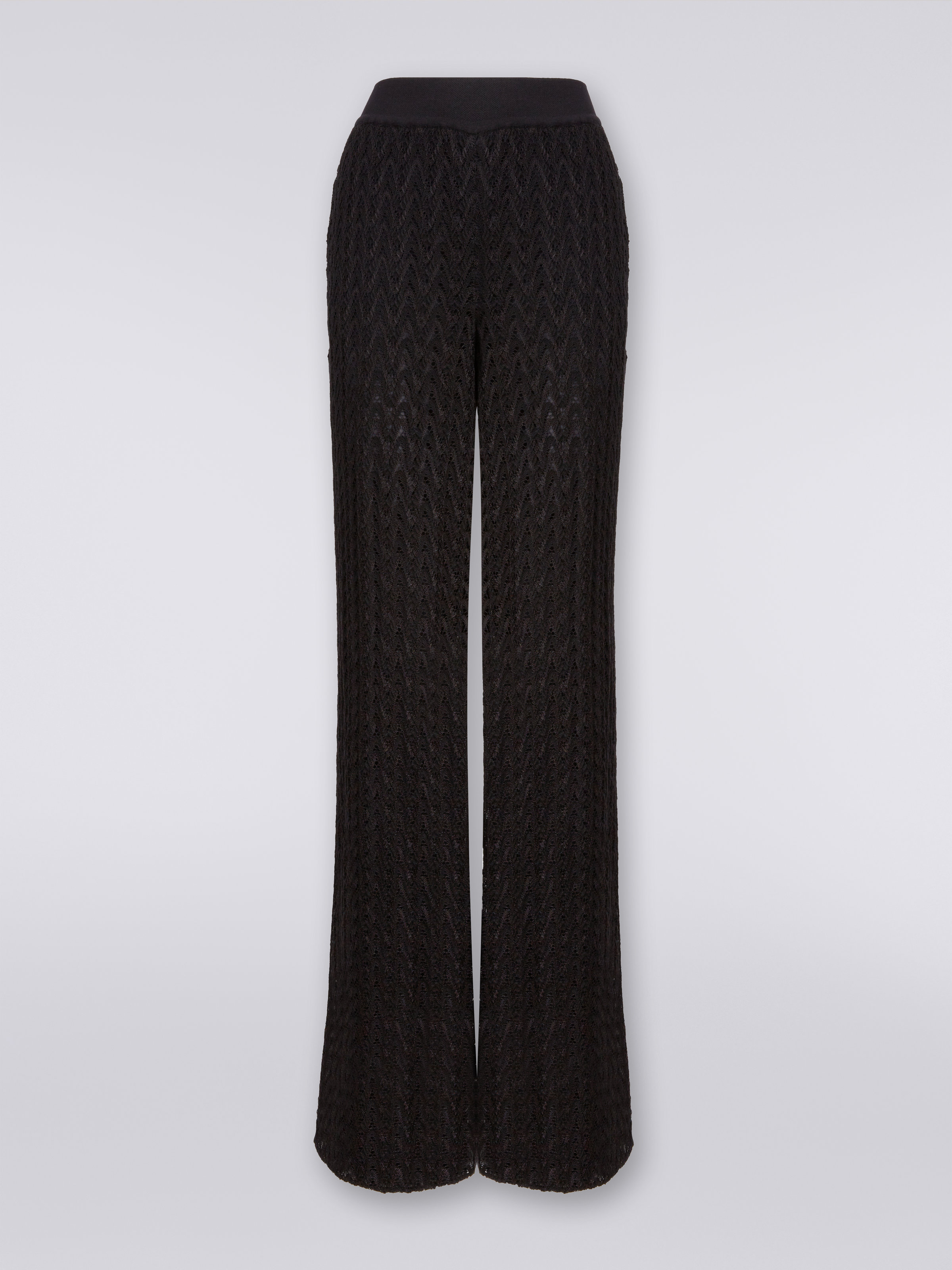 Pantalon palazzo en laine et viscose à finition raschel, Noir    - 0
