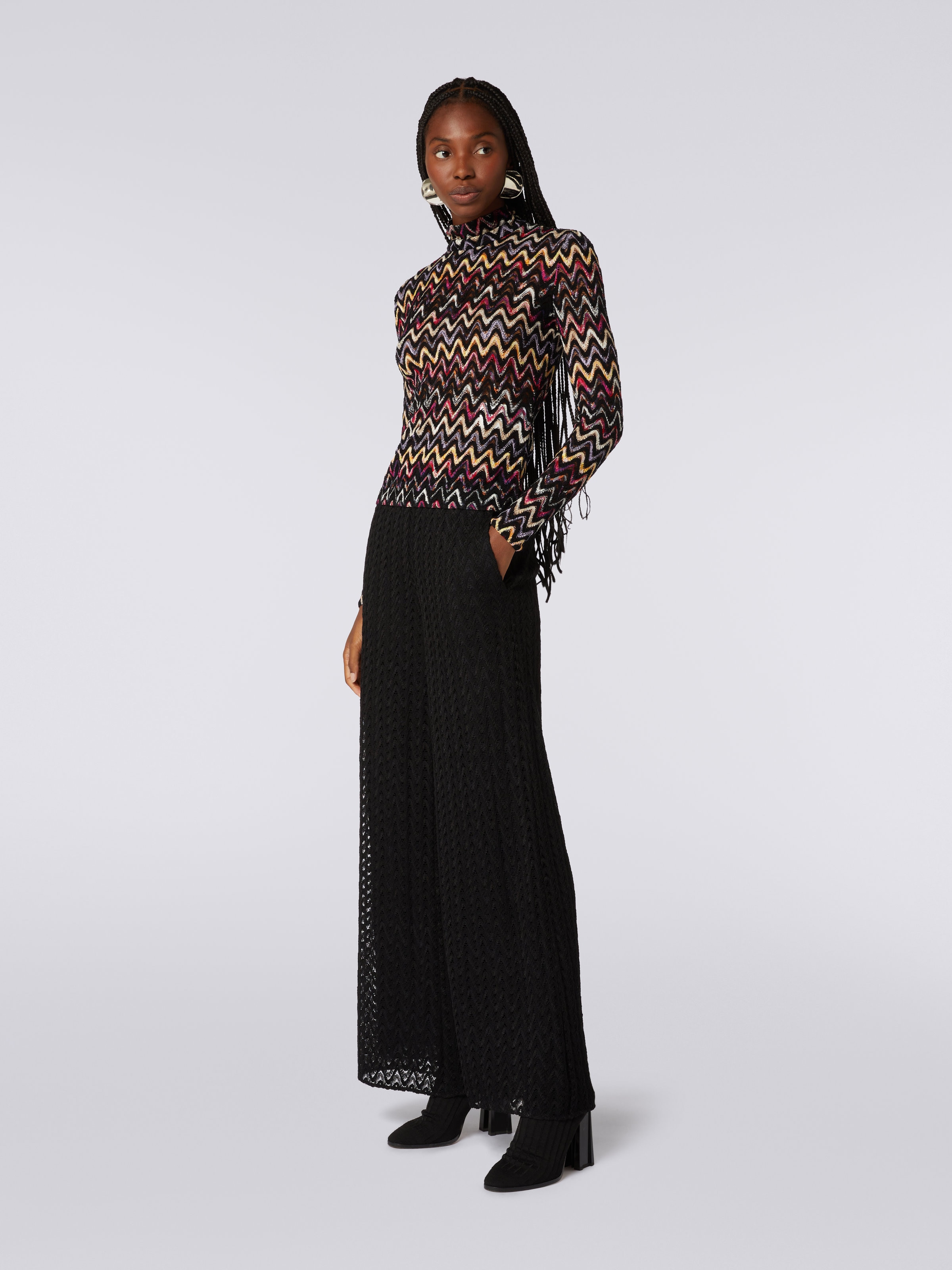 Palazzo pants in raschel knit wool and viscose, Black    - 2