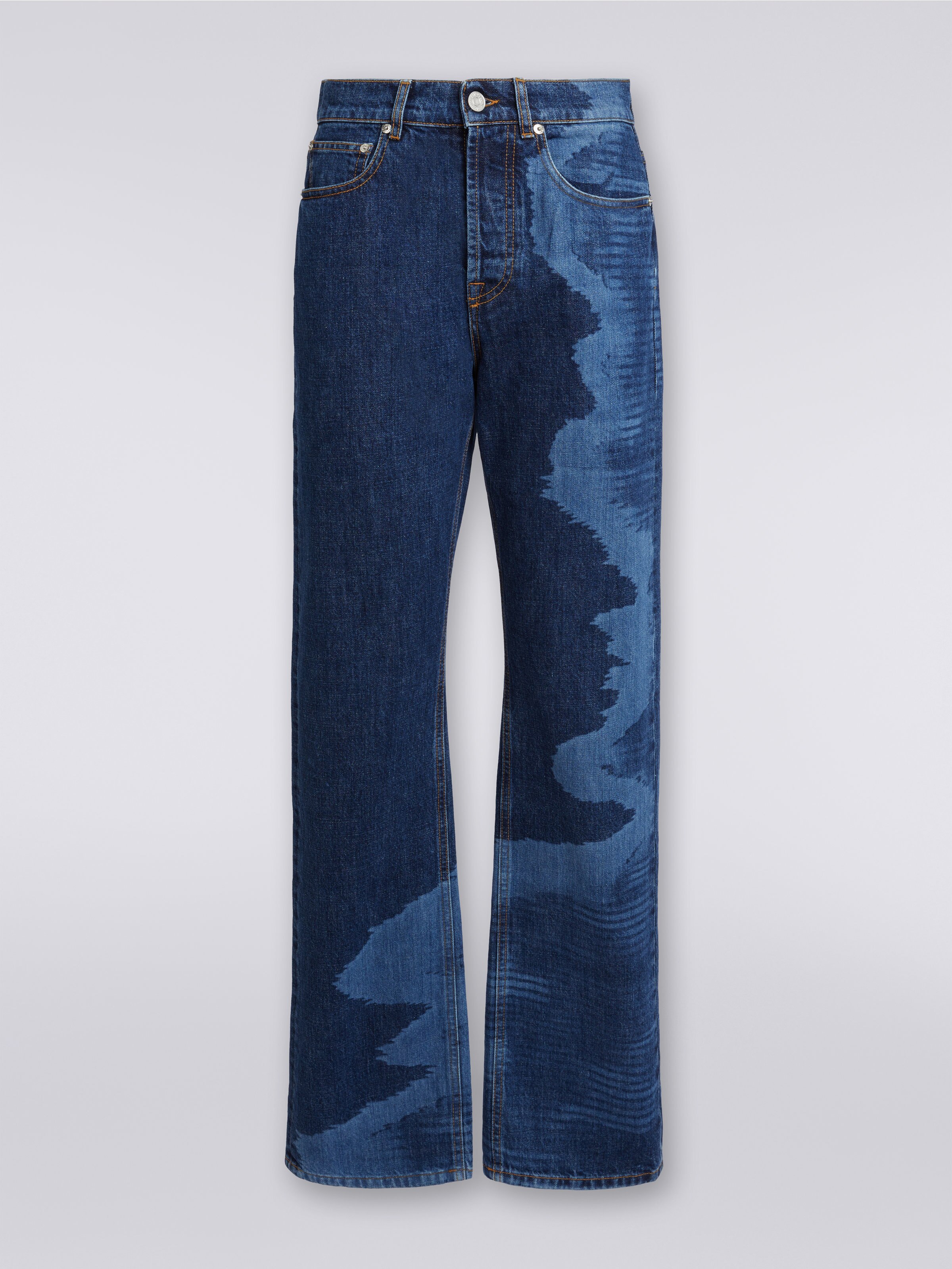 High-waisted slub denim five-pocket trousers, Blue - 0