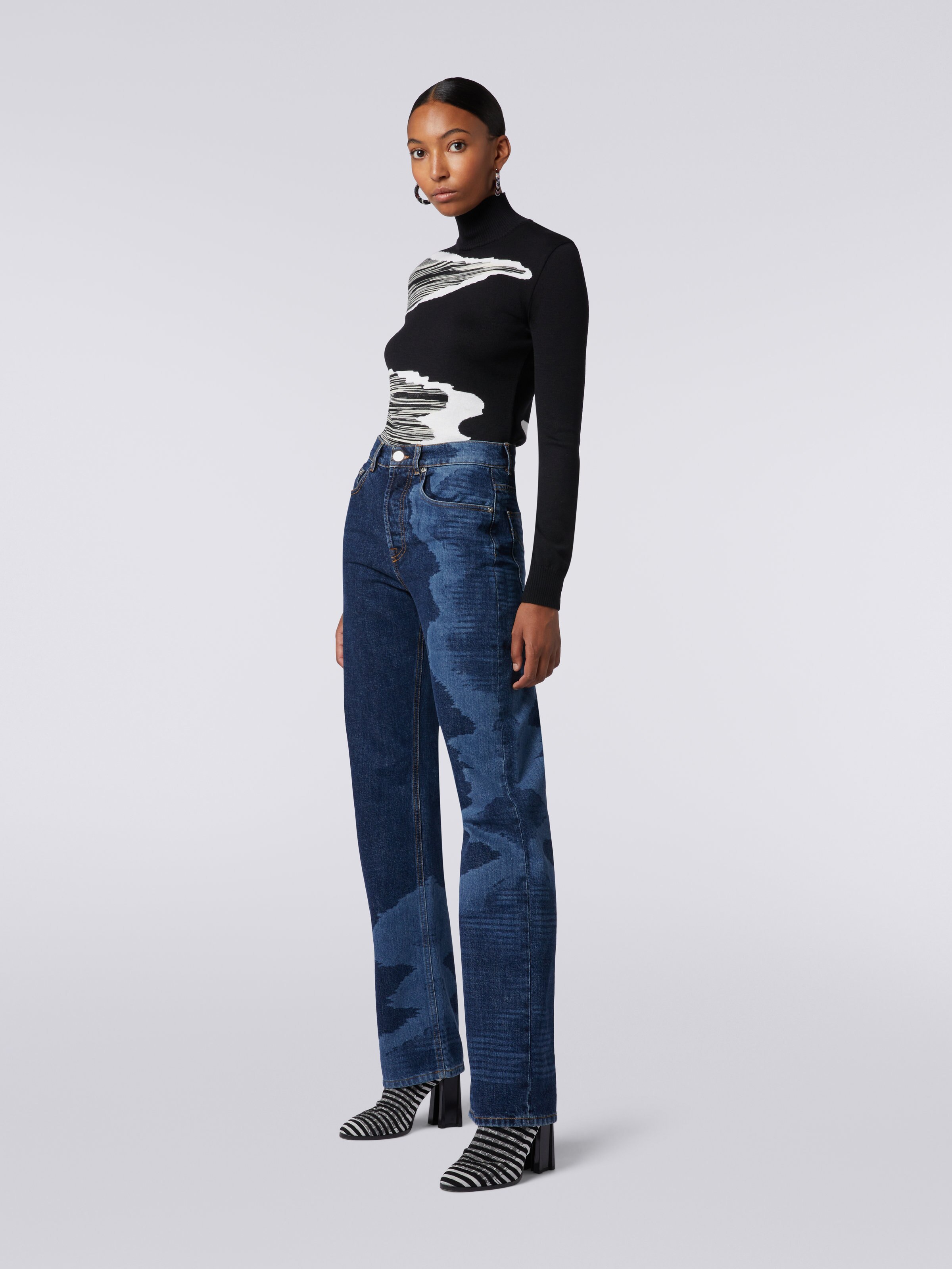 High-waisted slub denim five-pocket trousers, Blue - 1