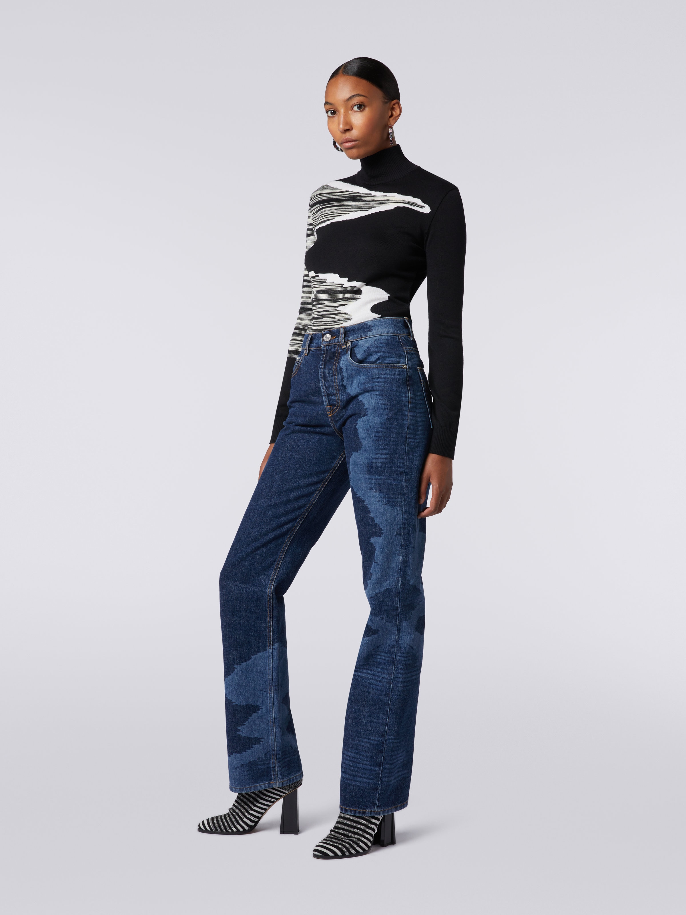 High-waisted slub denim five-pocket trousers, Blue - 2