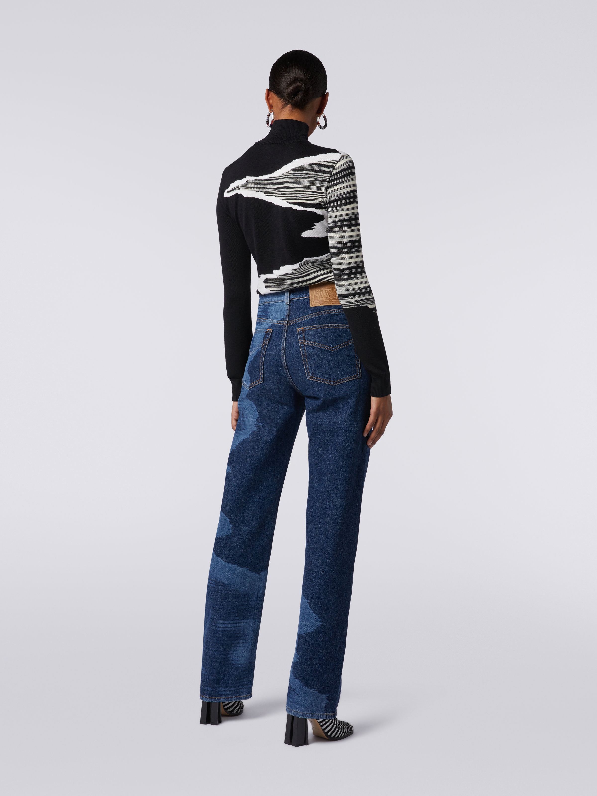 High-waisted slub denim five-pocket trousers, Blue - 3