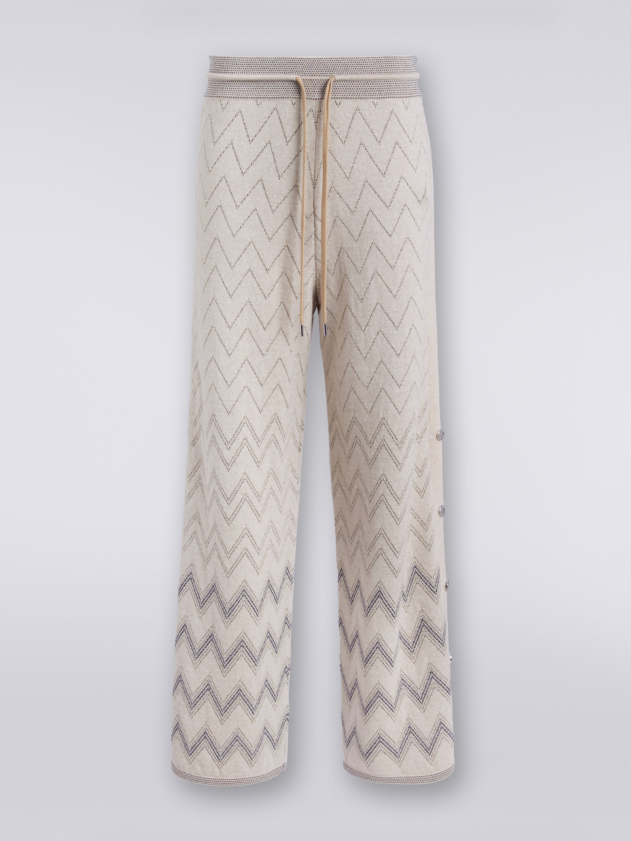 Wool and viscose joggers with zigzag pattern and lurex, Beige - 0