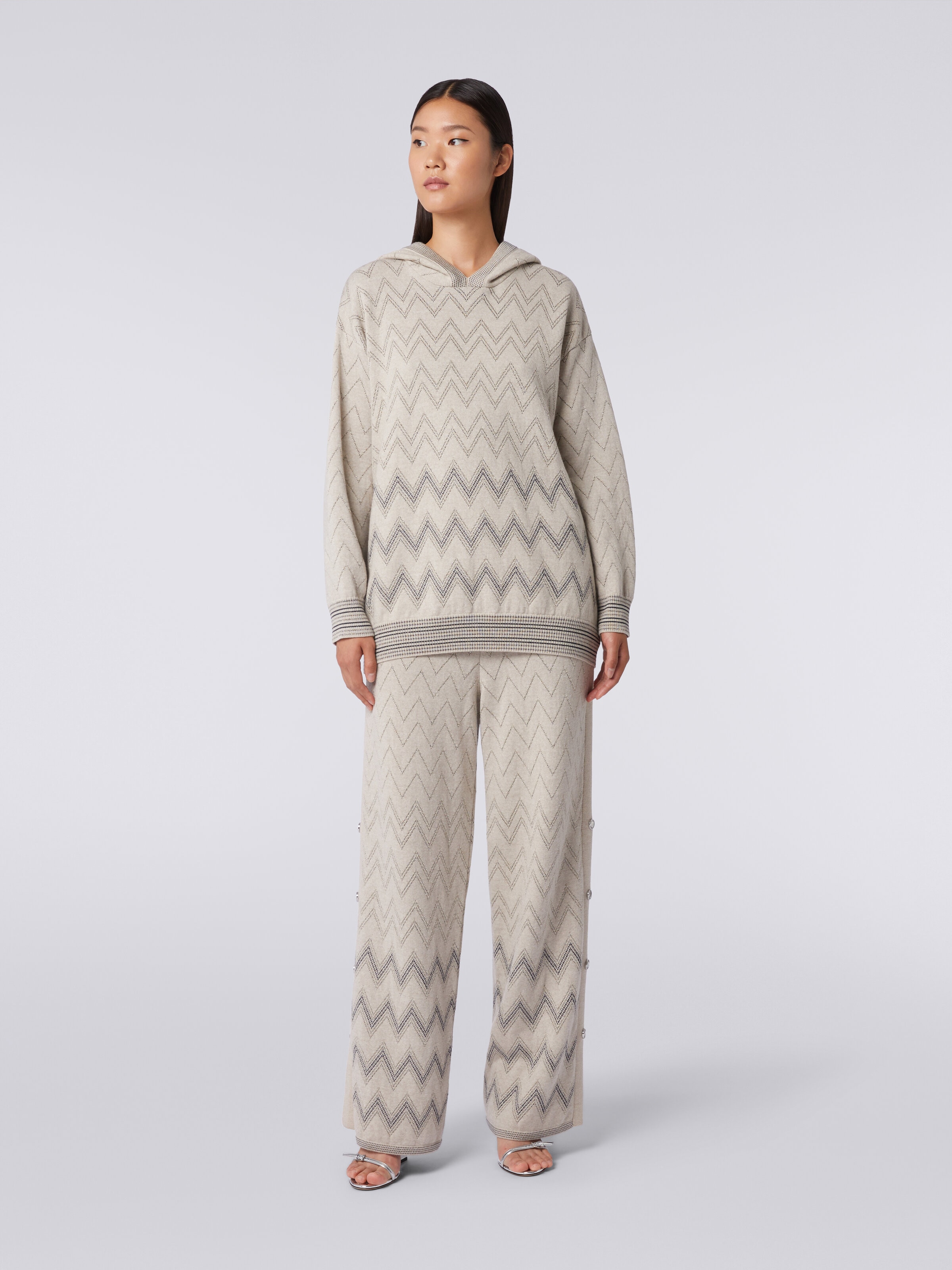 Wool and viscose joggers with zigzag pattern and lurex, Beige - 1