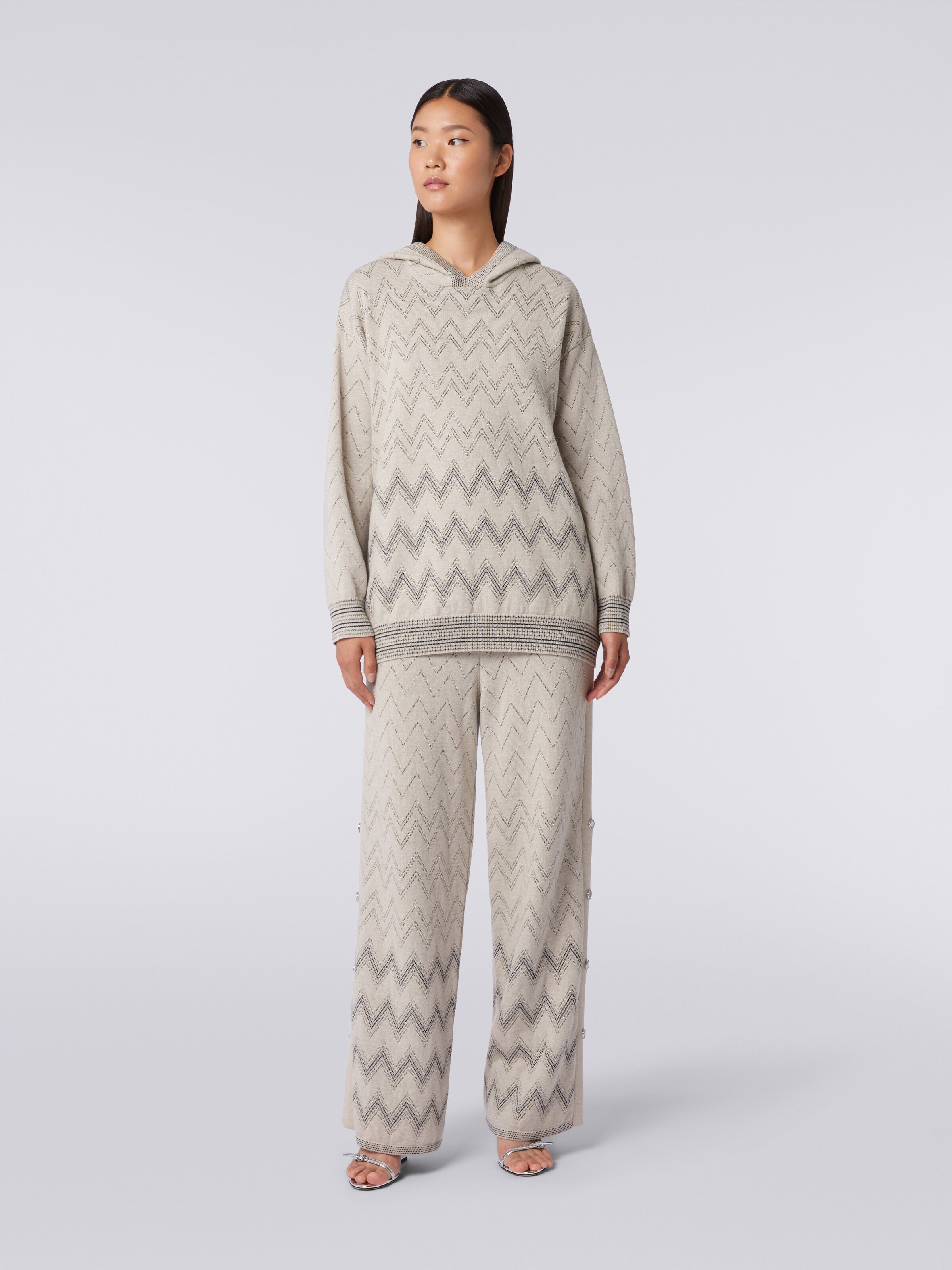 Wool and viscose joggers with zigzag pattern and lurex, Beige - 1