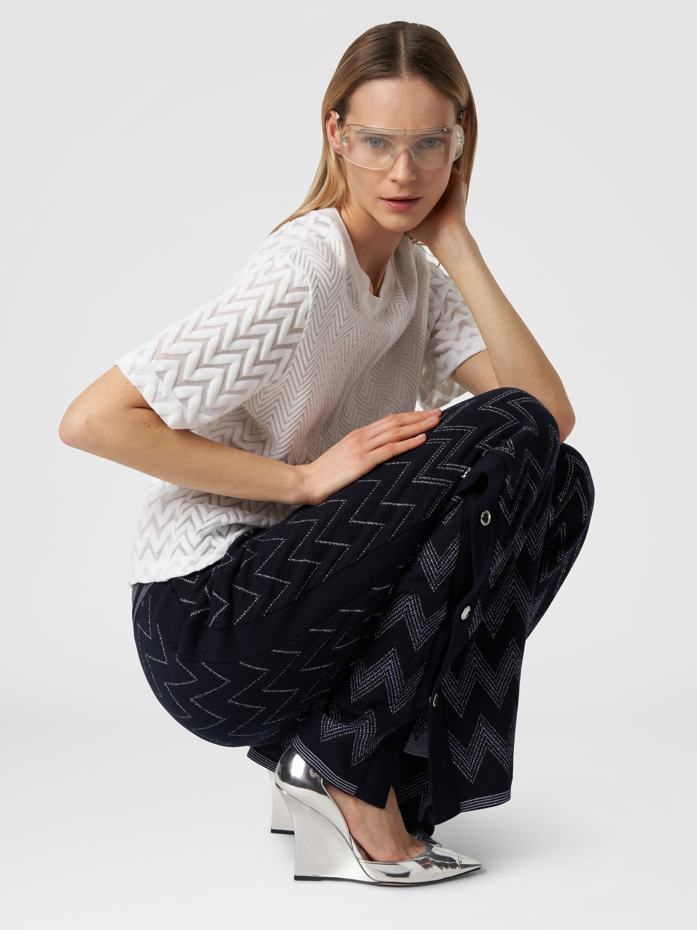 Wool and viscose joggers with zigzag pattern and lurex, Blue - 3