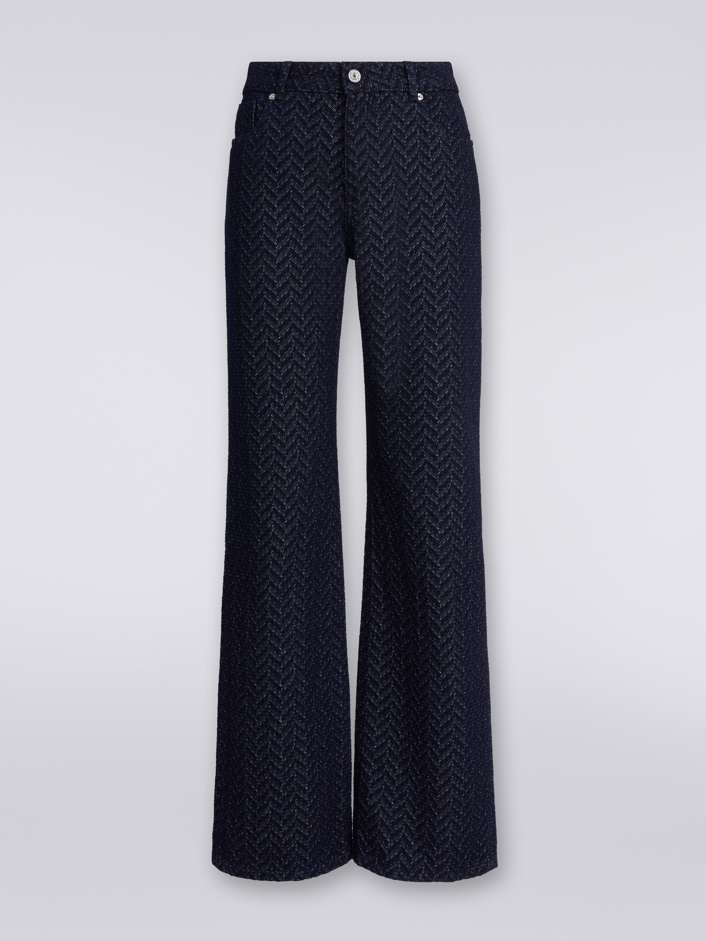 Five-pocket cotton trousers with zigzag pattern and embroidery on the back pocket, Blue - 0