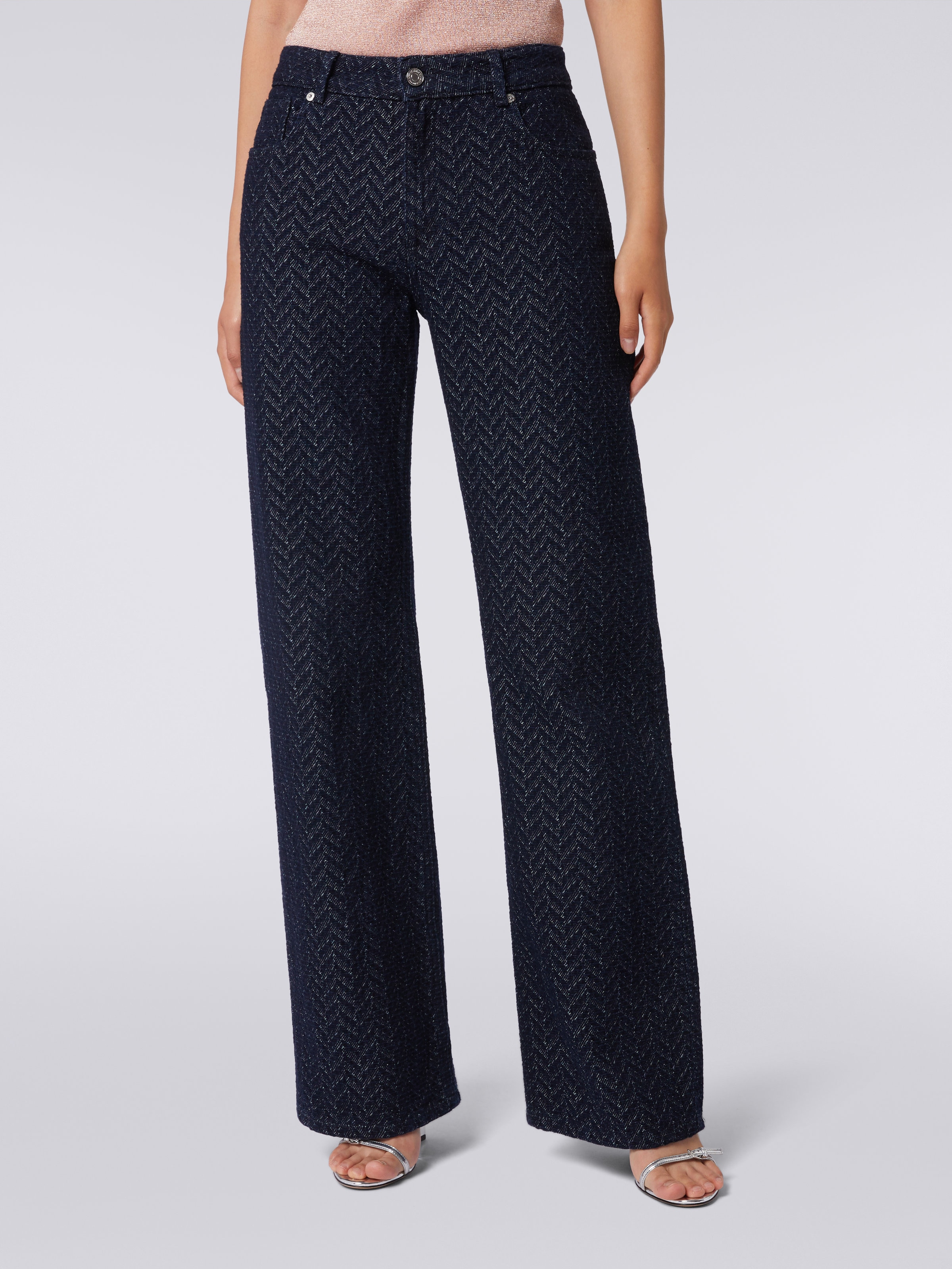Five-pocket cotton trousers with zigzag pattern and embroidery on the back pocket  , Blue - 4