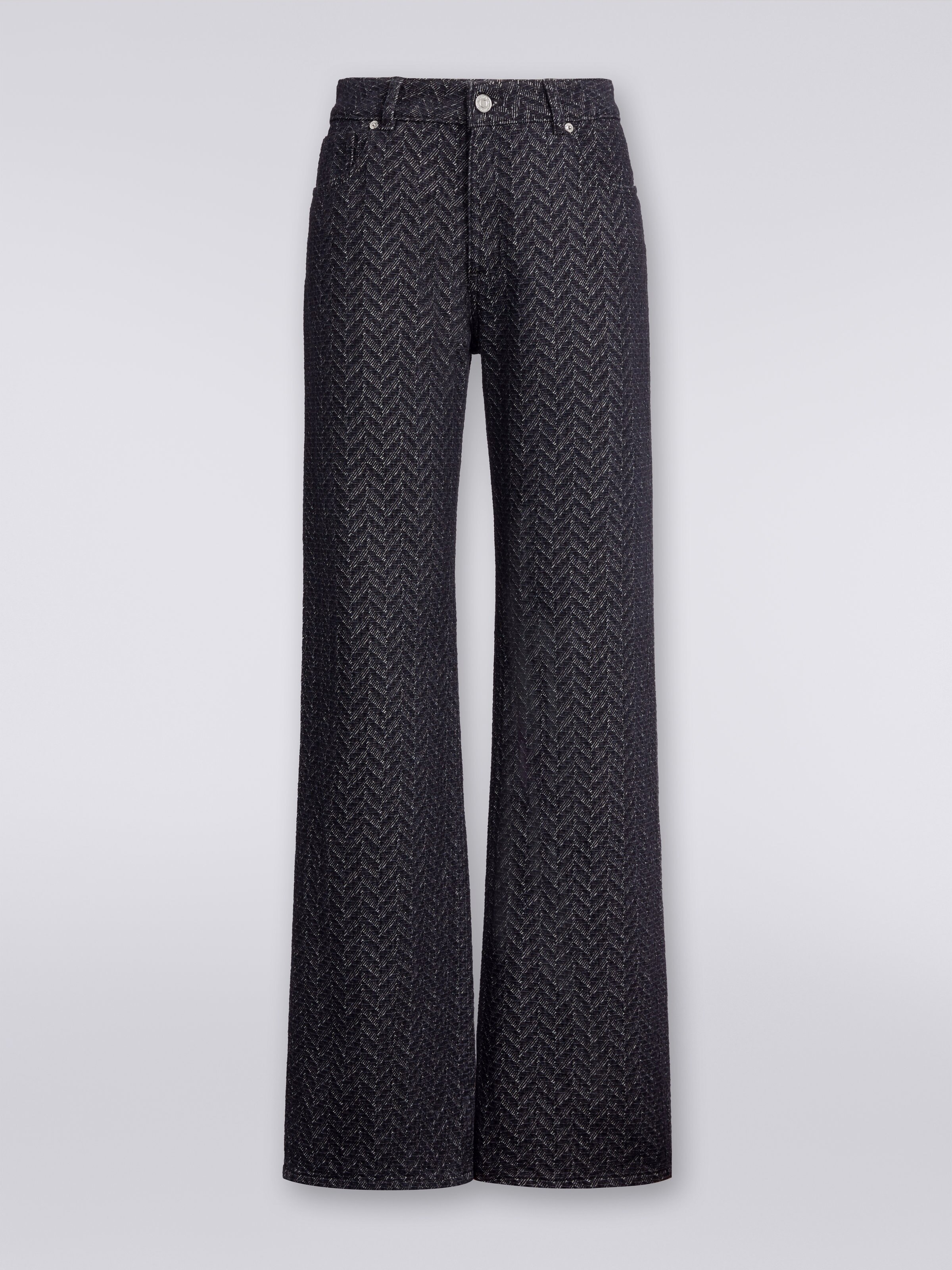 Five-pocket cotton trousers with zigzag pattern and embroidery on the back pocket  , Black    - 0
