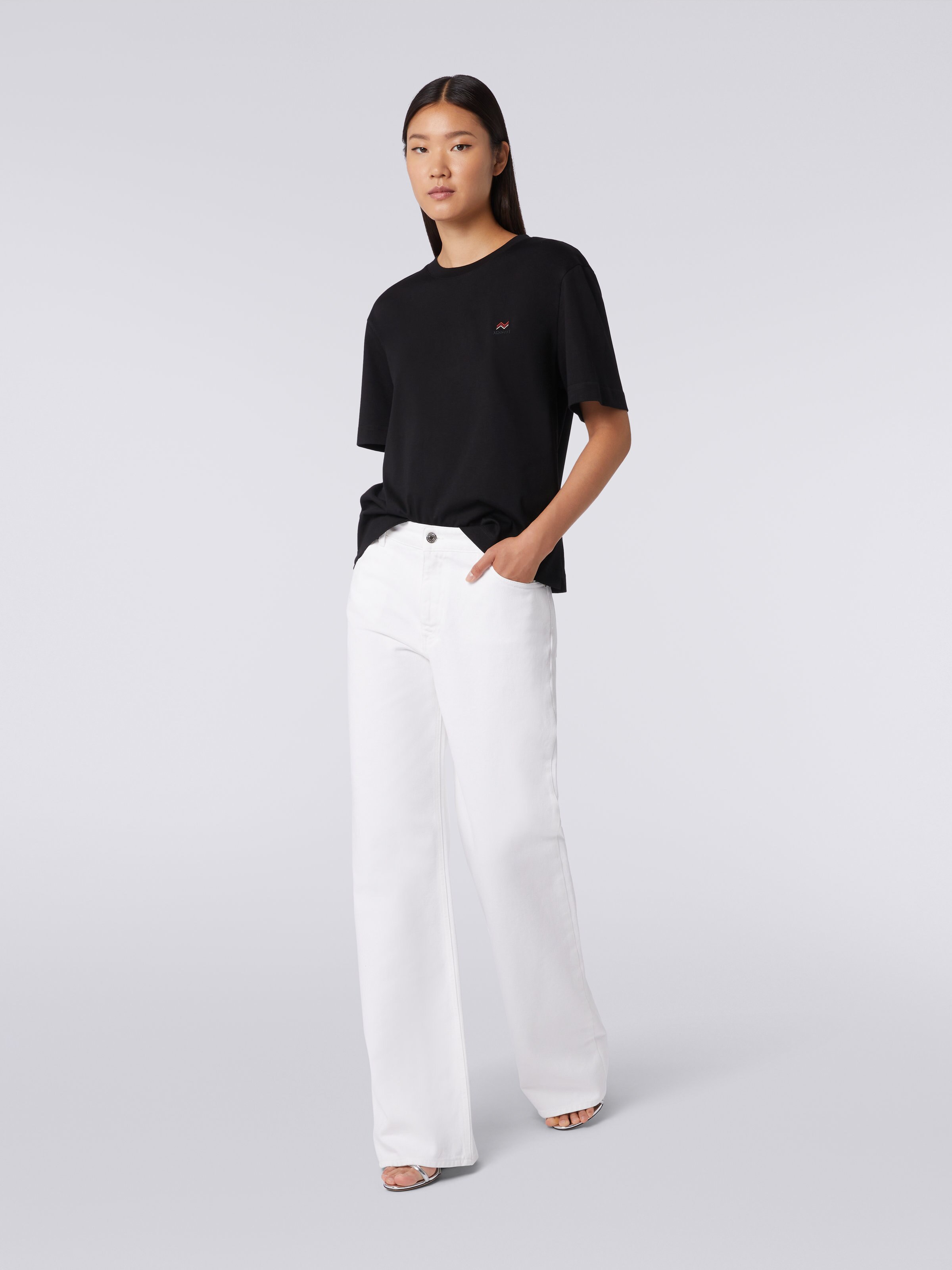 Five-pocket palazzo trousers with zigzag embroidery on the back pocket, White  - 1